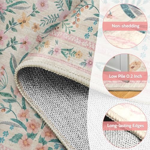 7x9 Pink Boho Floral Area Rug – Washable Non-Slip Soft Carpet - Image 6