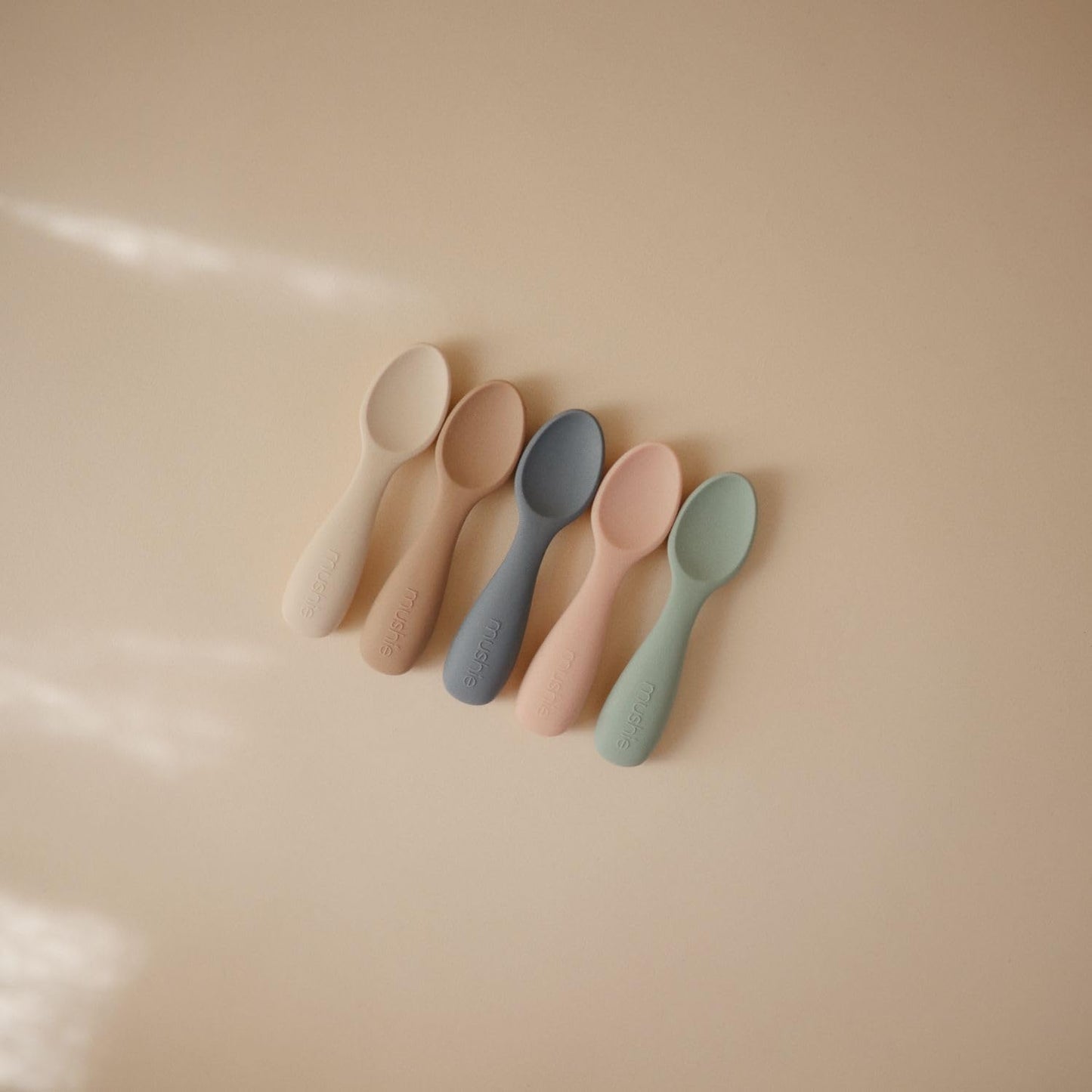 mushie Silicone Toddler Starter Spoons | 2 Pack (Tradewinds/Shifting Sand)