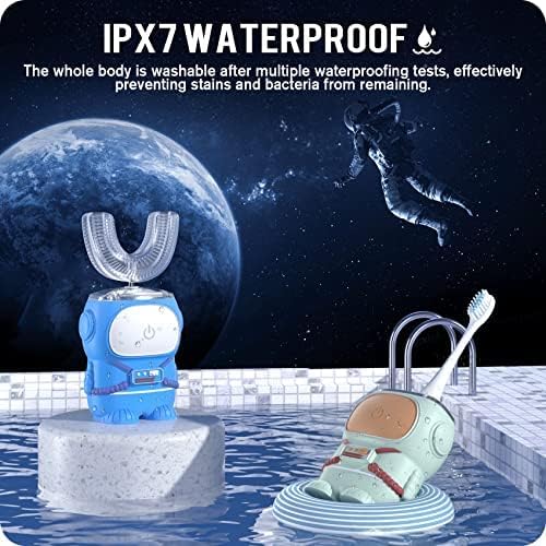 Ultrasonic Kid's U-Shaped Electric Toothbrush, IPX7 Waterproof, Five Cleaning Modes, 60S Smart Reminder (Cartoon Astronaut,Green Ages 6-12)