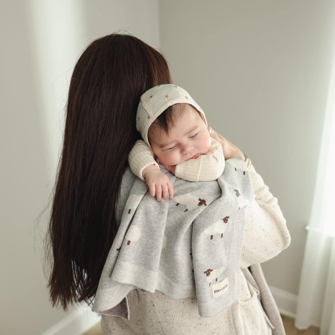 Knit Baby Swaddle Blanket for Boys - 100% Cotton Soft Cozy Lightweight Receiving Swaddling Crib Stroller Quilt Blanket for Newborns Infants Toddlers (Sheep - Baby Blue)