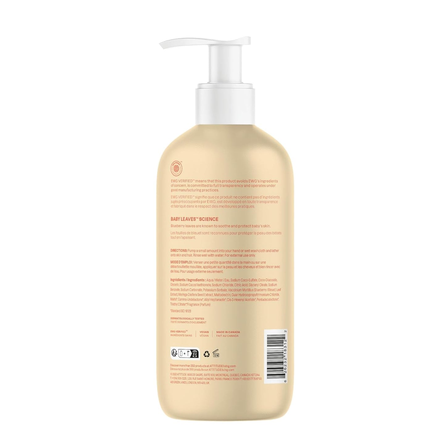 ATTITUDE 2-in-1 Shampoo and Body Wash for Baby, EWG Verified, Dermatologically Tested, Vegan, Pear Nectar, 16 Fl Oz (Pack of 3)