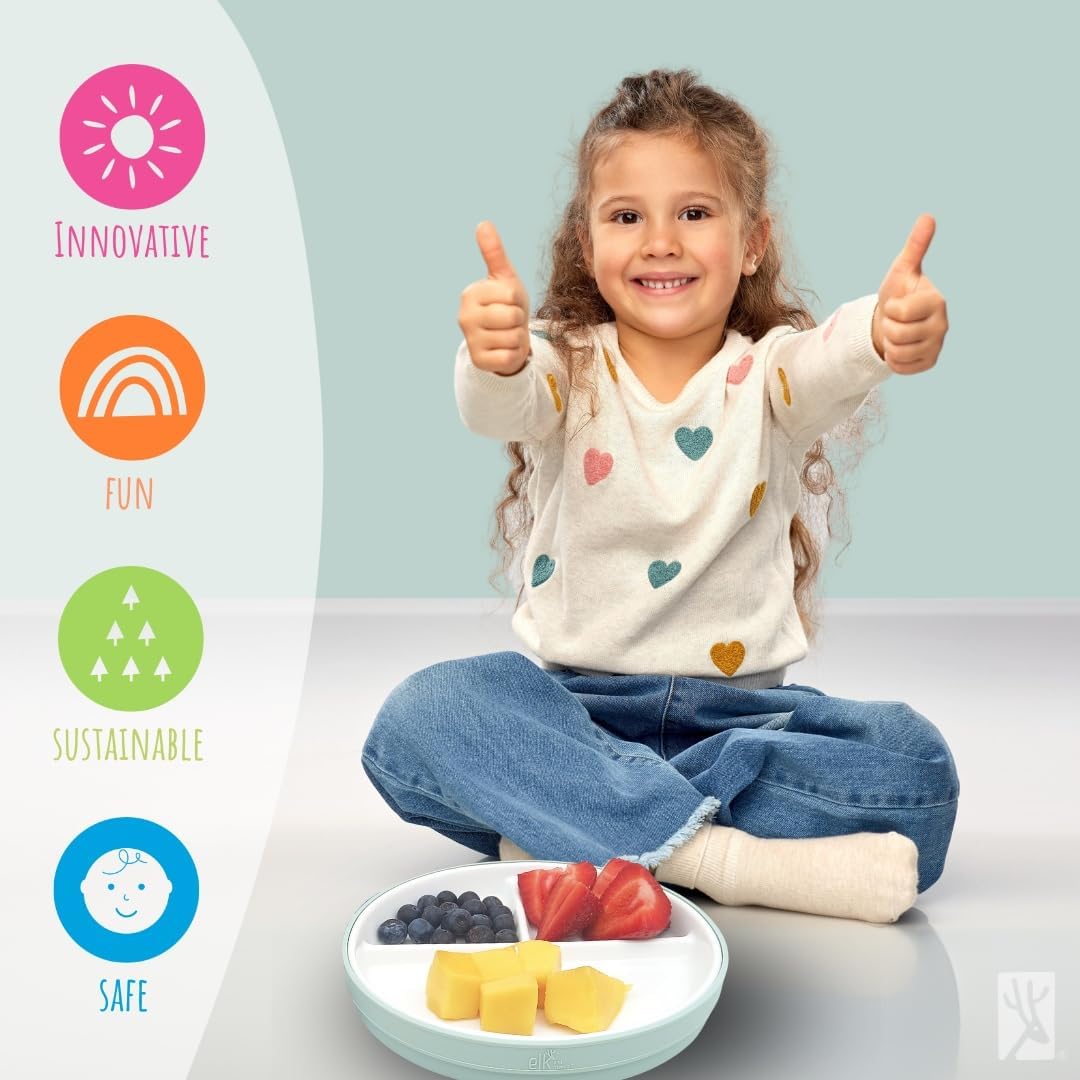 Elk and Friends Kids 7.8” Porcelain White Plates with Silicone Sleeves + Lids | Divided Plates | Suitable for Kids/Toddlers | Microwave & Dishwasher Safe | Non Slip | Snack Dishes…