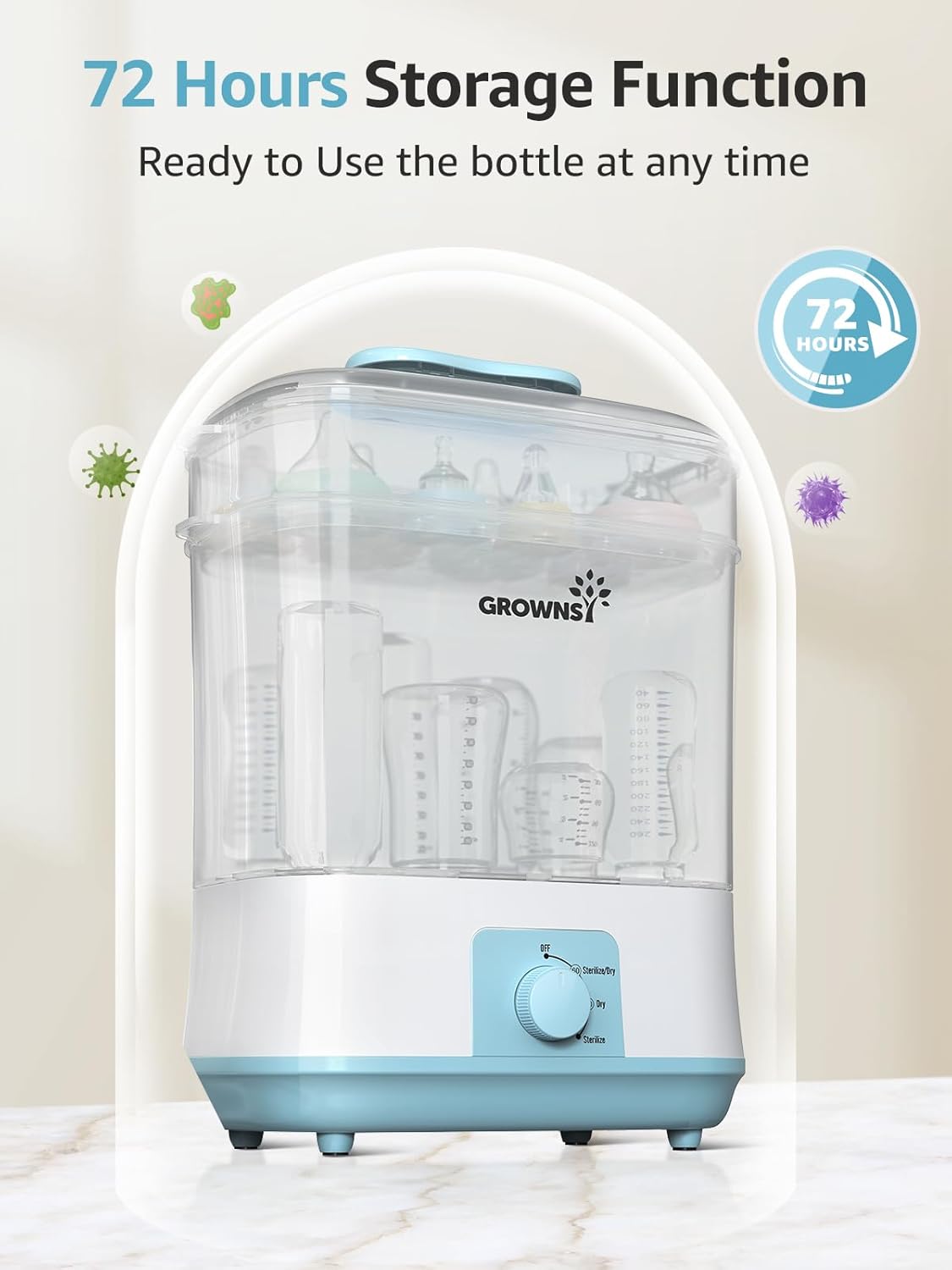 GROWNSY Adjustable 3 in 1 Large Bottle Sterilizer and Dryer, Electric Steam Baby Bottle Sterilizer, Bottle Sanitizer for Baby Bottles & Pacifiers, Breast Pump Parts Blue
