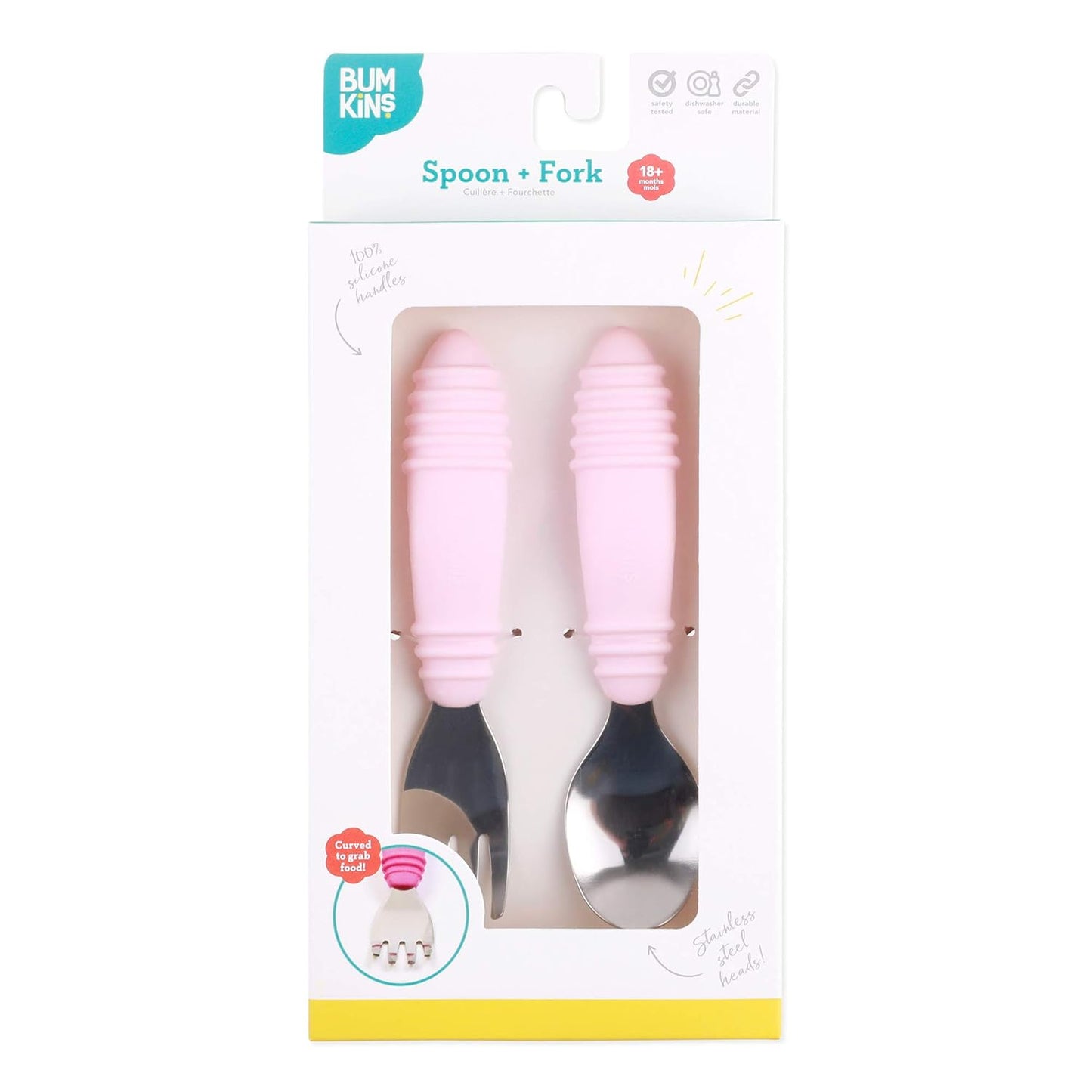 Bumkins Toddler Utensils, Kids Fork and Spoon Set, Silicone and Stainless-Steel Silverware, Angled Forks / Sporks for Self-Feeding, Children Training Flatware Cutlery for 18 Months Up, Pink