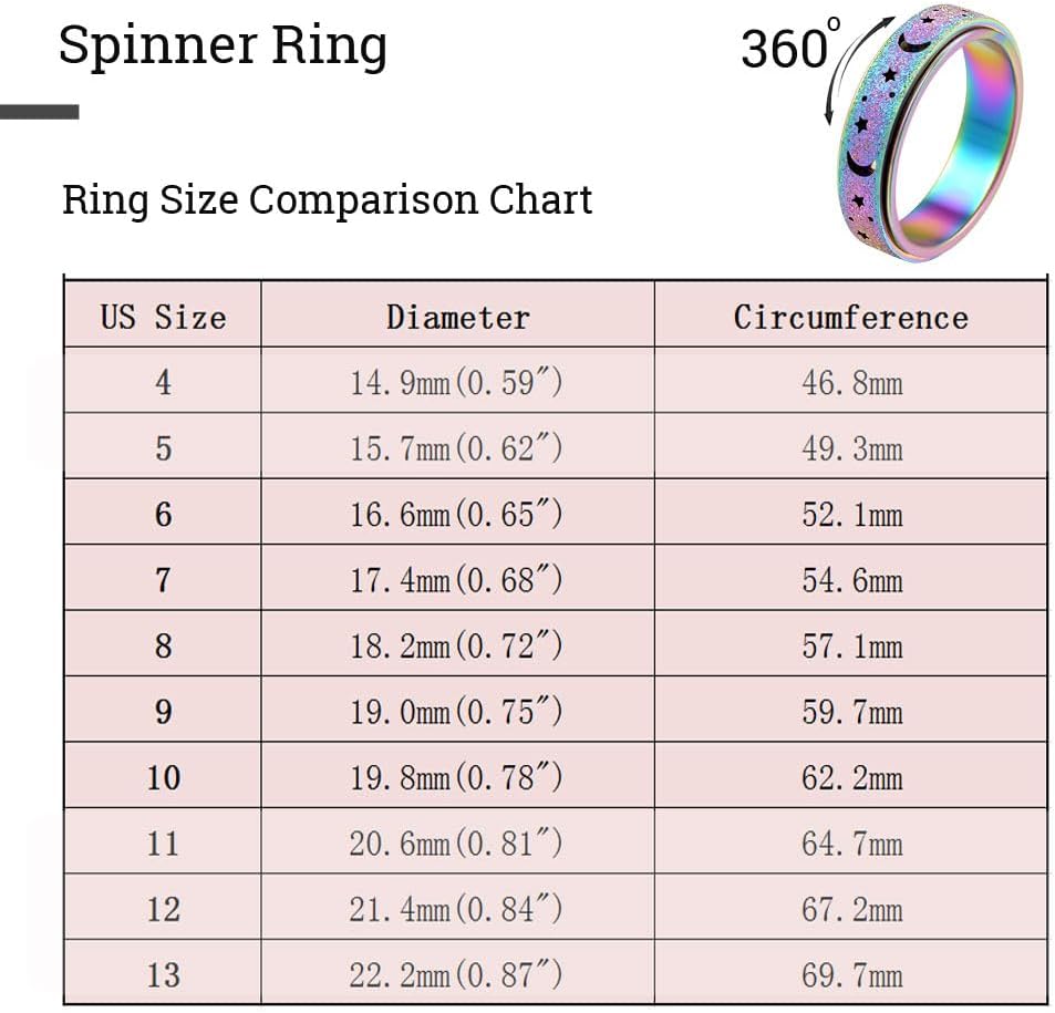 OreilleStar Anxiety Ring for Women Spinner Ring Fidget Ring Fidget Toys Adults Spinner Rings Stainless Steel Silver Rainbow Size 8 Moon Star Band