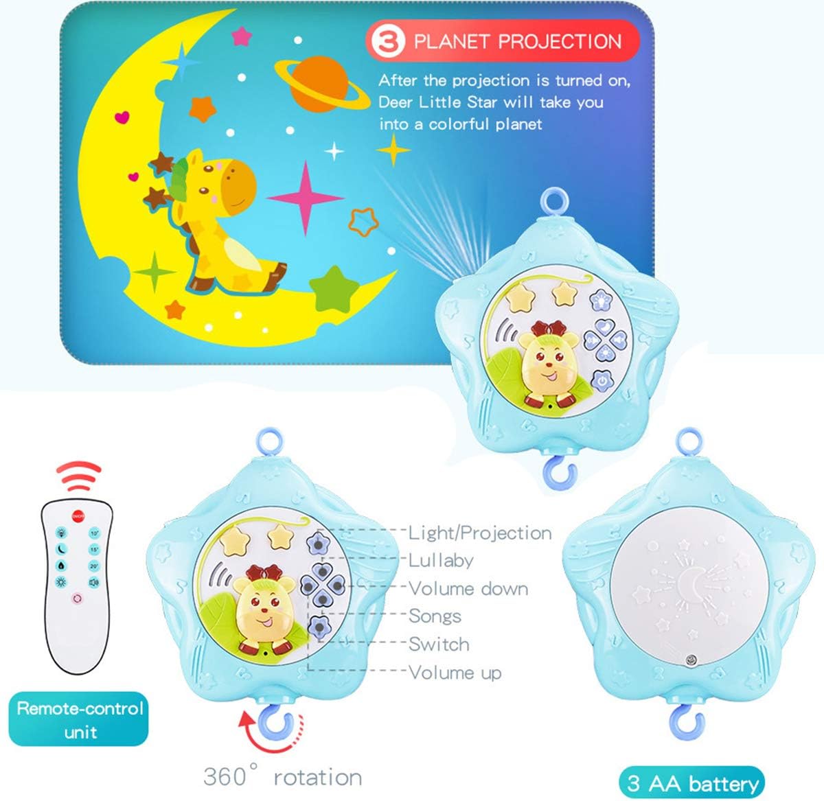 caterbee Baby Crib Mobile for Pack and Play, Crib Toys with Light and Musicial, Remote,Projector for Ages 0+ Months (Pink-Forest)