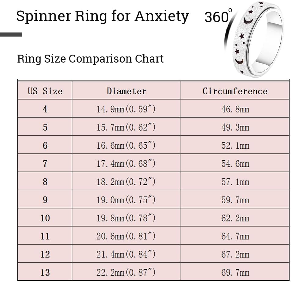 Anxiety Ring for Women Men, Titanium Stainless Steel Spinner Ring, 5 Colors, 6MM, Size 6-10, 3 Styles Anxiety Ring-Moon Star, Sandblasted Finished, Hollow Outer