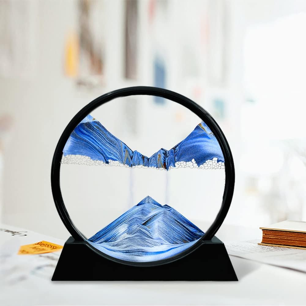 Aoderun Moving Sand Art Picture Round Glass 3D Deep Sea Sandscape in Motion Display Flowing Sand Frame Relaxing Desktop Home Office Work Decor (7", New blue)