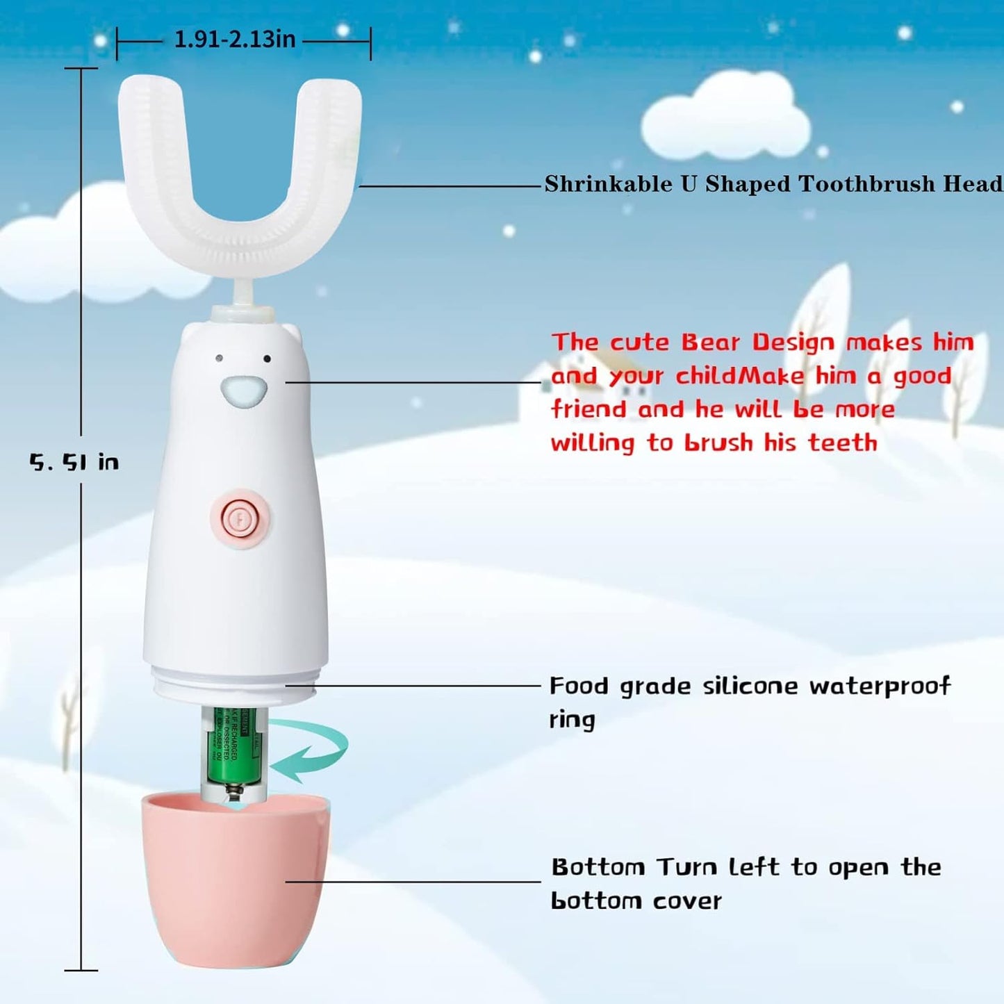 Kids Electric Toothbrush,U Shaped Toothbrush Waterproof Battery Powered 360 Automatic Sonic Toddler Toothbrushes for 8-13 Years Old for Boys Girls,with 2 Replacement Brush Heads(Pink)