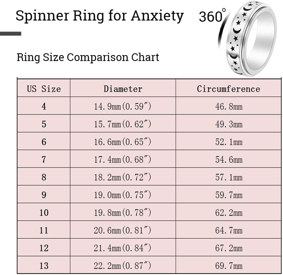 OreilleStar Anxiety Ring for Women Fidget Spinner Rings Stainless Steel Silver Color Size 6 (Silver_Moon Star, 6)