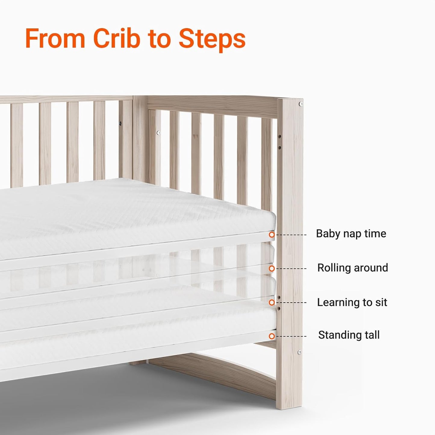 EvoNest Baby Crib, 11 in 1 Convertible Mini Crib with Wheels, 100% New Zealand Wood Growing Bed, 4 Adjustable Mattress Height,Washed Natural