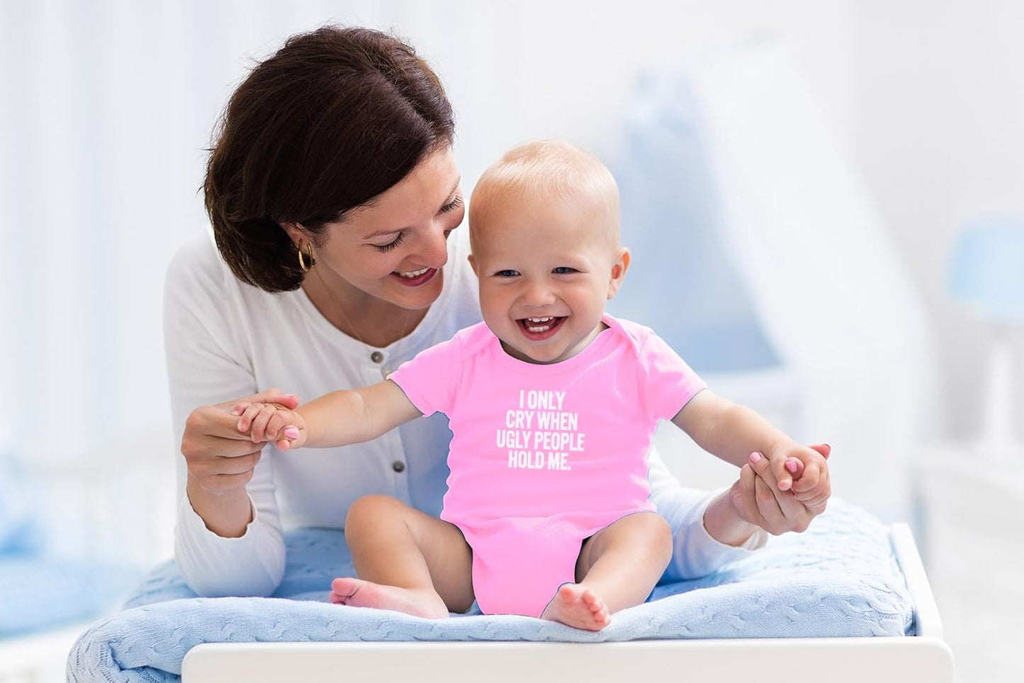 AW Fashions I Only Cry When Ugly People Hold Me Baby Bodysuit Funny Cute Baby Girl or Boy Outfit Romper