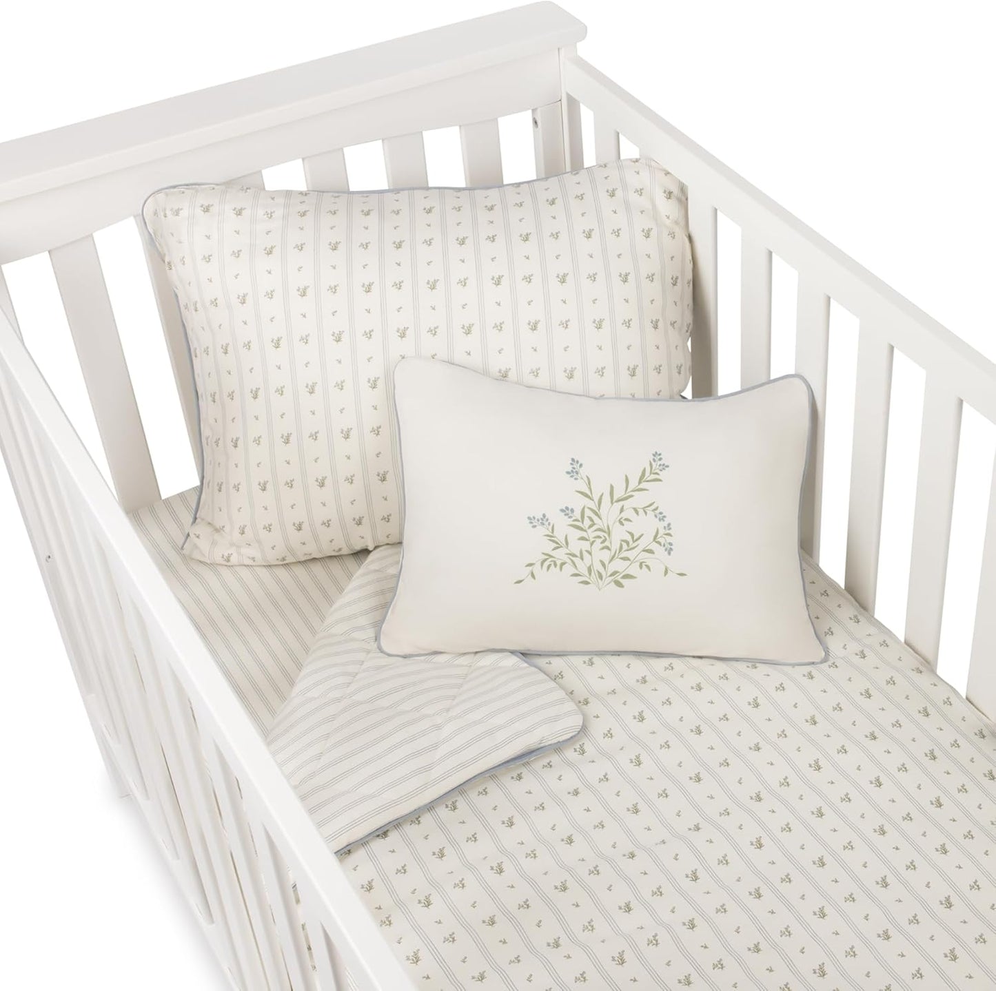 Ely's & Co. Mini Crib Bedding Set for Boys, 4 Piece Set Includes – 1 Fitted Mini Crib Sheet, Quilted Comforter and Decorative Pillowcase with Insert, Blue Linear Berry Collection