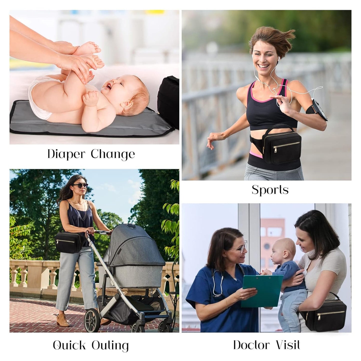 printe Small Diaper Bag with Portable Changing Pad, Crossbody Fanny Pack with Wipes Pocket for Stroller, Women Waist Bag for Travel, Black Large