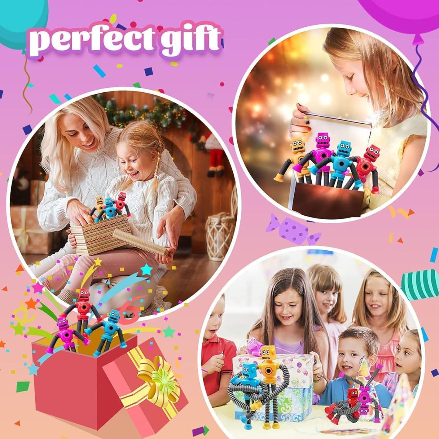 Pop Tubes Robot Fidget Toys 12 Packs Telescopic Suction Cup Stretchy Robots Toys Autism Sensory Shape Changing Toys for Toddlers Kids Party Favors Summer Toys Boys Girls (12 Packs)