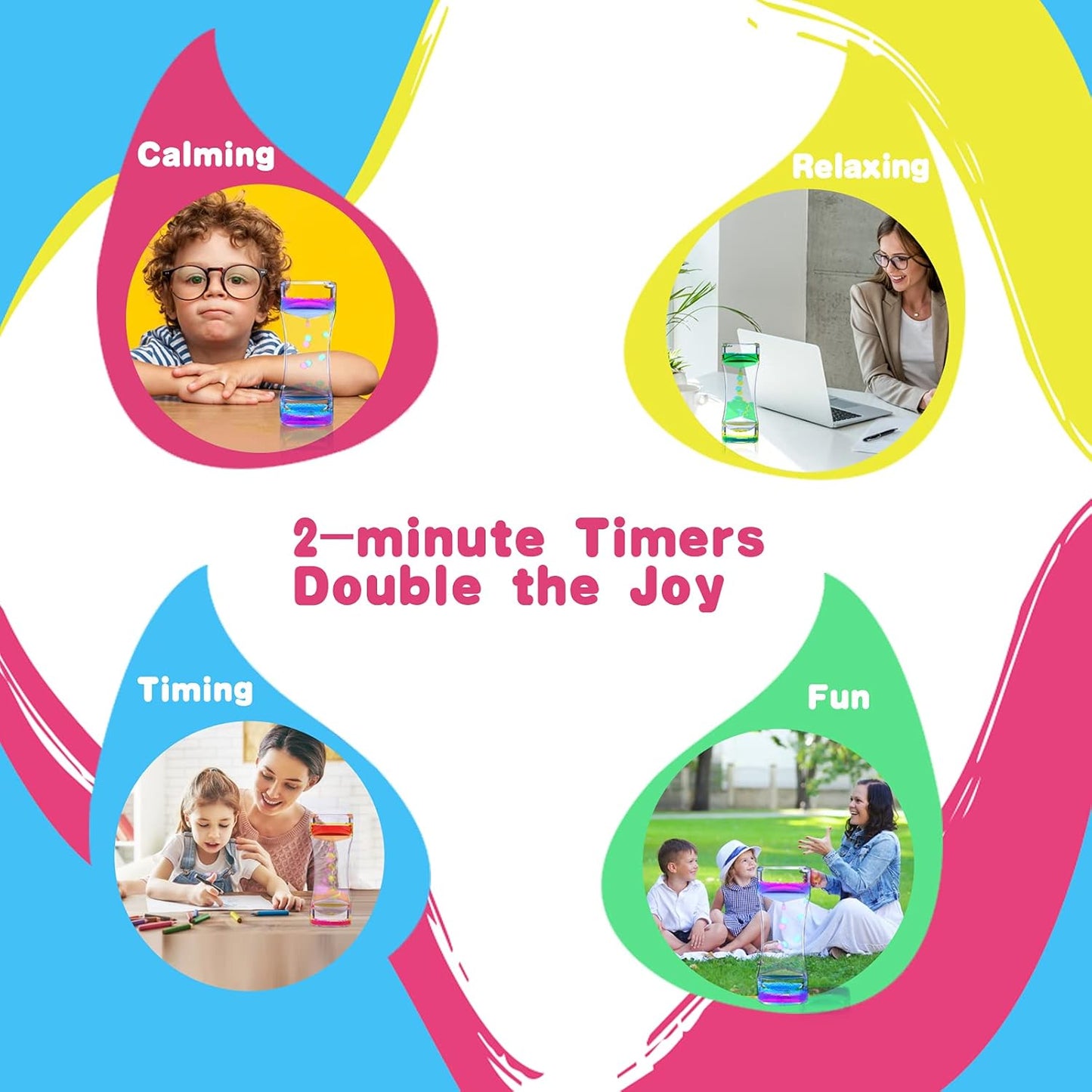 Liquid Motion Bubbler Timer, Colorful Liquid Hourglass Sensory Toys with Floating Droplets for Calming, Relaxing and Fun2 Pack Fidget Toys for Kids and Adults (Red/Pink+Green/Blue)