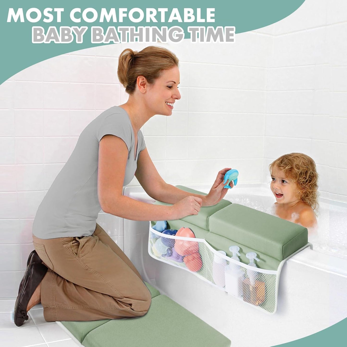 beiens Bath Kneeler and Elbow Rest Pad Set - 1.5'' Comfortable Thick Baby Bath Kneeler Pads, Quick Dry Soft Kneeling Pad for Baby Bath Time, Non-Slip Knee& Arm Support Bathtub Mat with Toys Organizer