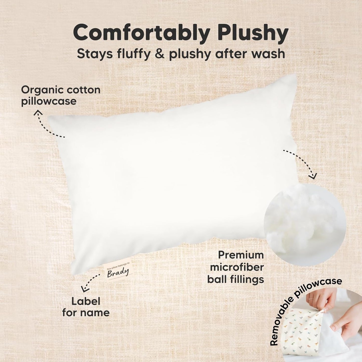 Mini Toddler Pillow with Pillowcase - 9x13 My Little Dreamy Travel Kids Pillow for Sleeping, Toddler Bed, Small, Tiny, Organic Cotton Pillowcase, Soft & Breathable, Kids 2-4 Years Old(Soft White)