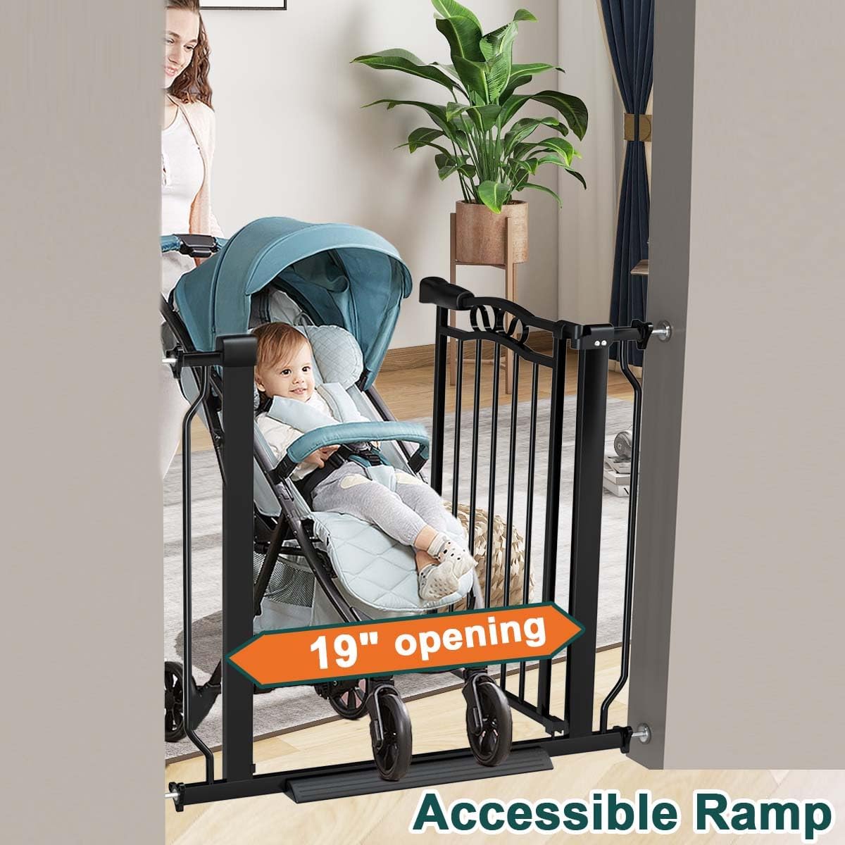 Fairy Baby 67.3"-81.1" Extra Wide Baby Gate for Stairs, Large Pet Dog Gate for Wide Openings, Pressure Mounted Safety Child Gate, Metal Auto Close Long Pet Gate for Doorways with Walk Thru Door, Black