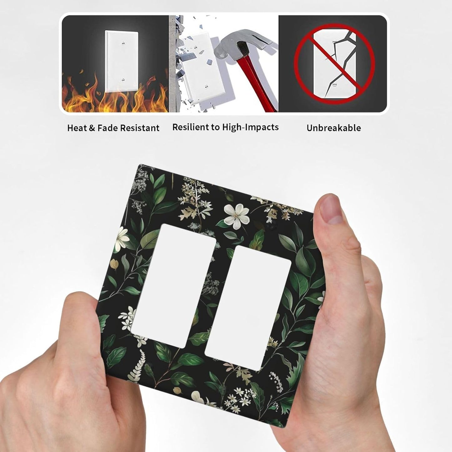 Decorative Outlet Covers Rustic Green Leaves White Flower 2 Gang Wall Plate Double Rocker Two Switch Wall Cover Plate Light Switch Cover Plate Faceplate for Country Bedroom Home Decor
