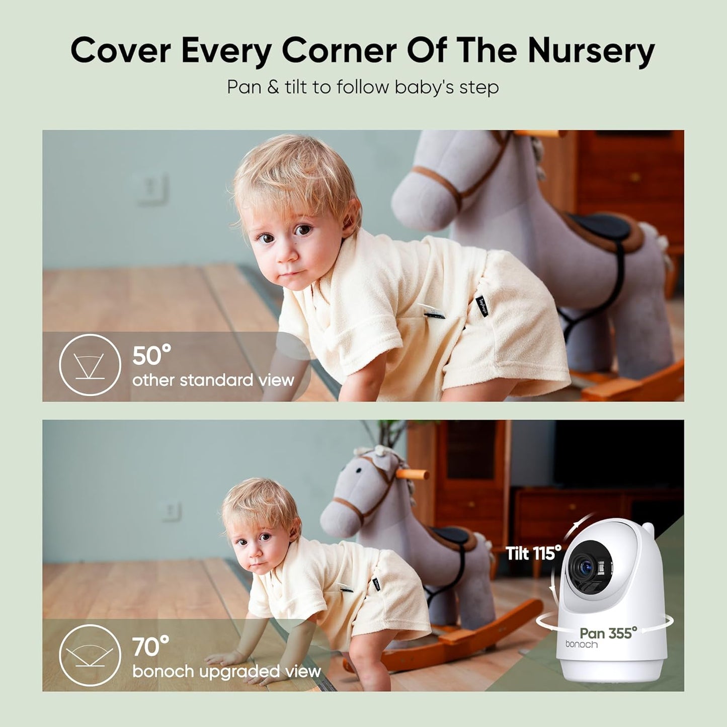 bonoch MegaView Baby Monitor with 2 Cameras, 7" 720P HD Split Screen Baby Monitor No WiFi, Video Monitor with Camera and Audio, 6000mAh, VOX Mode, 2 Way Audio, Remote PTZ, Night Vision