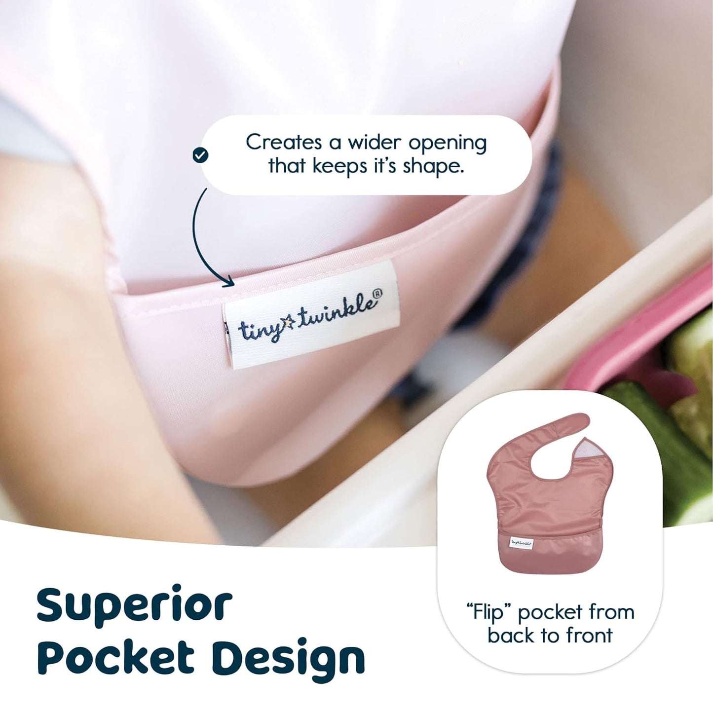 Tiny Twinkle Mess Proof Baby Bibs for Eating - Waterproof, Wipeable Bibs - Toddler Bibs - Travel Friendly - PFAS, PVC, BPA, Phthalate Free - Baby Food Bibs (3 Pack,Sage,Taupe, Dandelion)