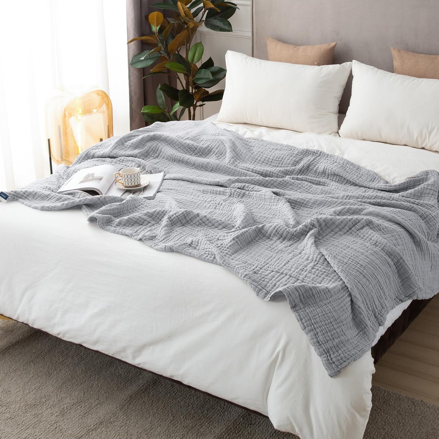 EMME Cooling Throw Blanket for Hot Flashes 100% Cotton Muslin Throw Blankets for Couch Breathable Gauze Blanket All Season Soft and Lightweight Pre-Washed Cotton Blanket (Light Grey, 50"x70")