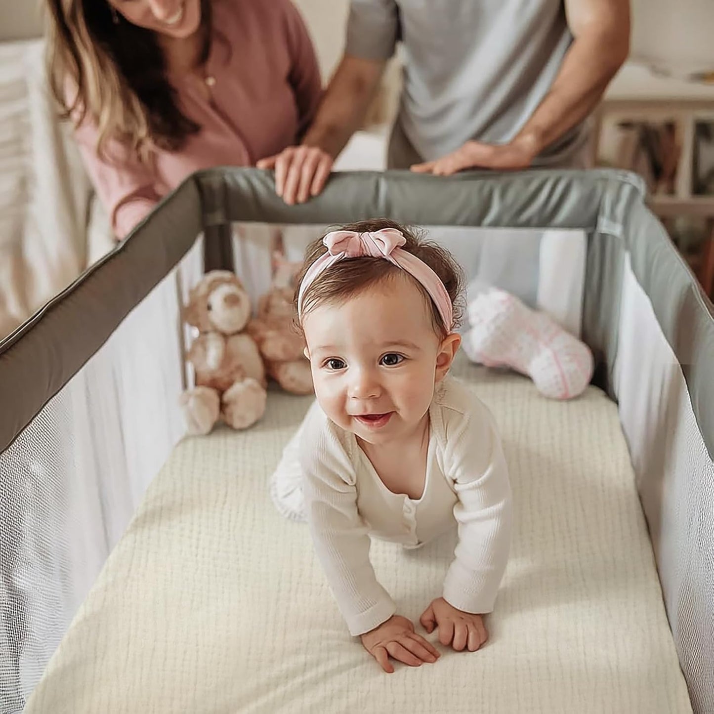 lulumoon Baby Muslin Crib Sheets - Toddler Cotton Fitted Crib Sheets Neutral for Boys and Girls 2Pack (White & Cream, for Baby Trend Pack N Play)