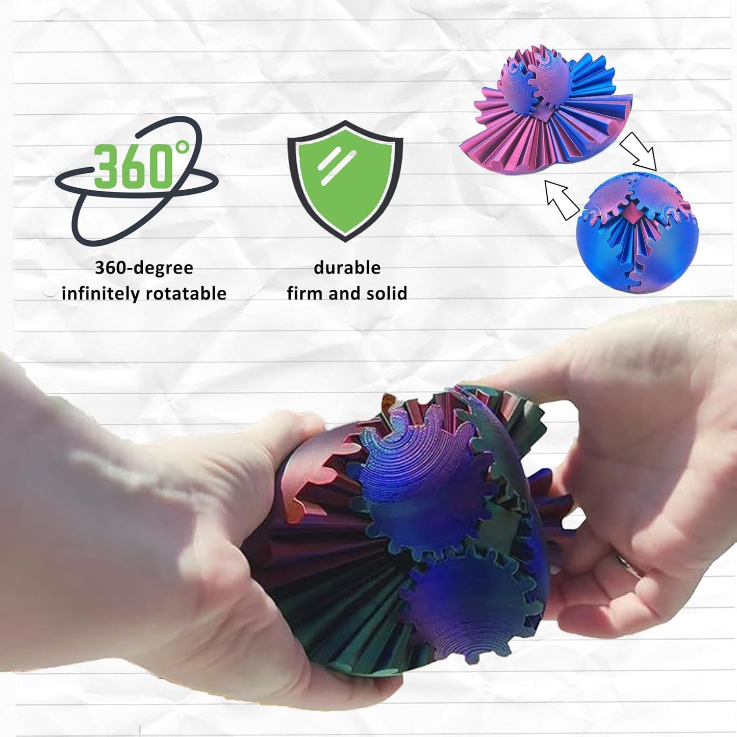 Gear Ball 3D Printed Gear Sphere Fidget Rotating Ball Cube Gadgets, Gear Sphere Ball for Work or Travel Stress Toys Gear Fidget Toys, Stress and Anxiety Relief Gear Toys (Powder Gray, 8CM/3.15in)