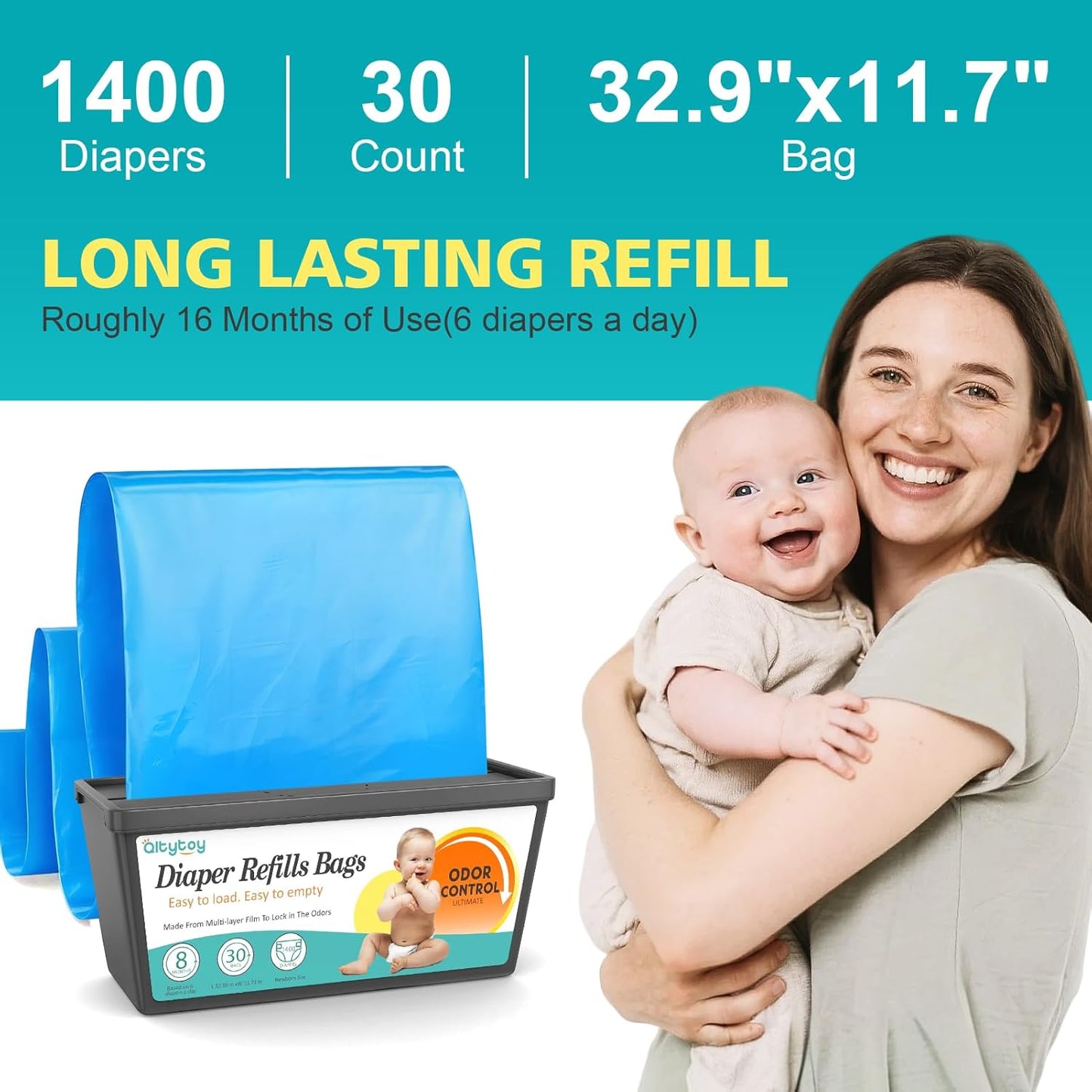 Refills Compatible with Diaper Genie Easy Roll Signature & Platinum Diaper Pail,2-Pack (60 Bags) for 2800 Newborn Diapers,7-Layer Powerful Odor Control.Extra Thickness,Durable & No Tear