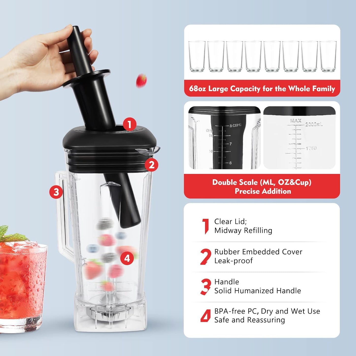 Blender 2L Automatic Smoothie Mixer Baby Food Blender 68oz Fruit Vegetables Juicer 2200W High-Speed Blender Tabletop Soundproof Milkshake Maker (Red)