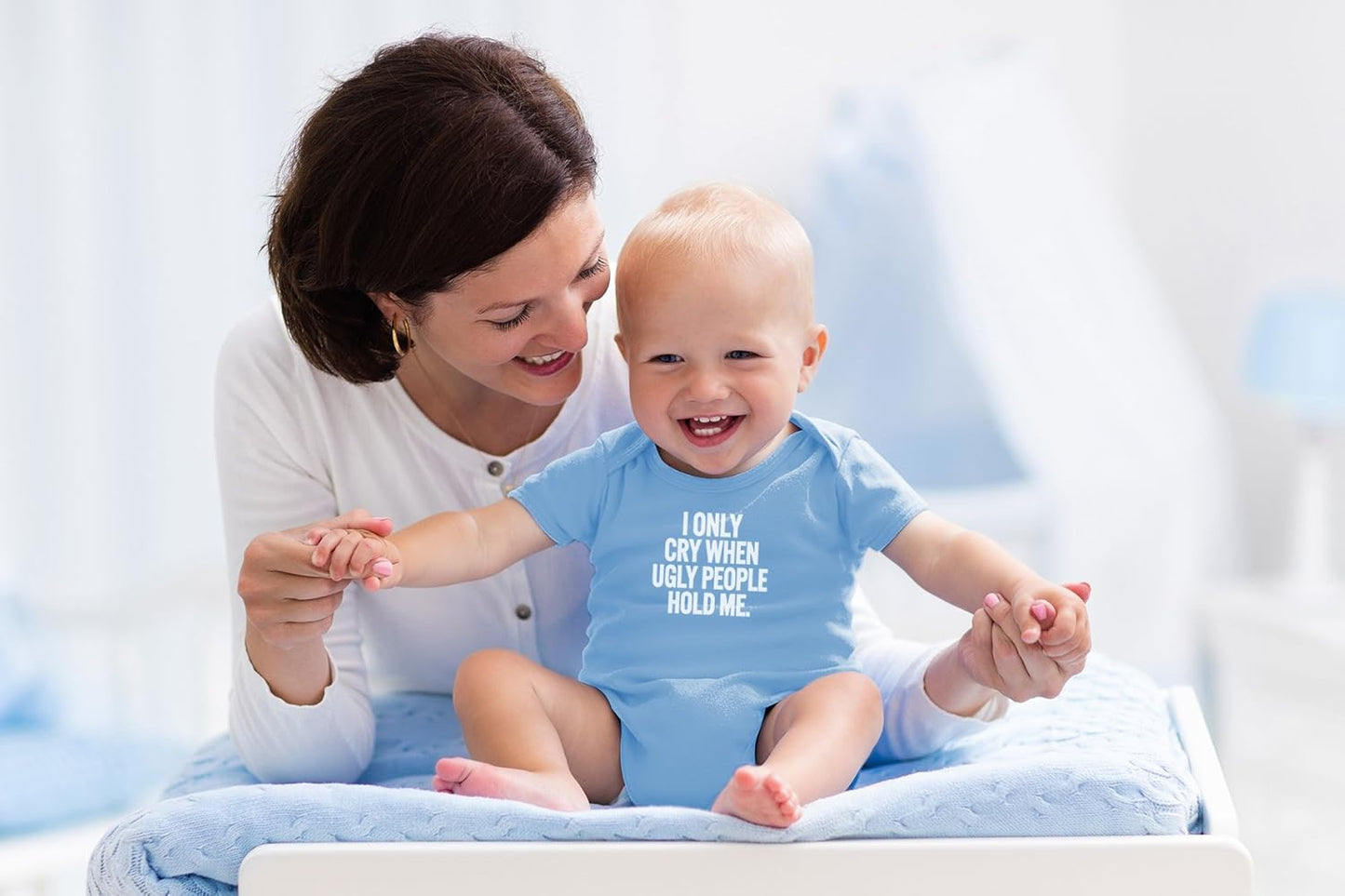 AW Fashions I Only Cry When Ugly People Hold Me Baby Bodysuit Funny Cute Baby Girl or Boy Outfit Romper