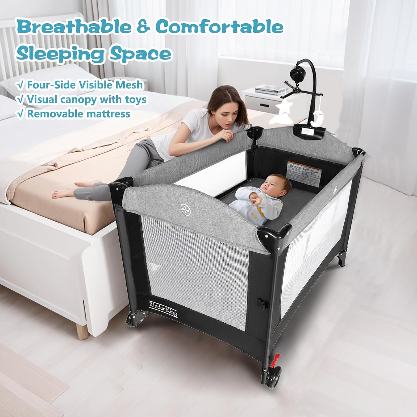 Kinder King 4 in 1 Portable Nursery Center, Foldable Baby Bedside Crib w/Bassinet, Infant Pack n Play Playard Toddler Large Playpen, Newborn Changing Table, Storage Basket, Side Zipper