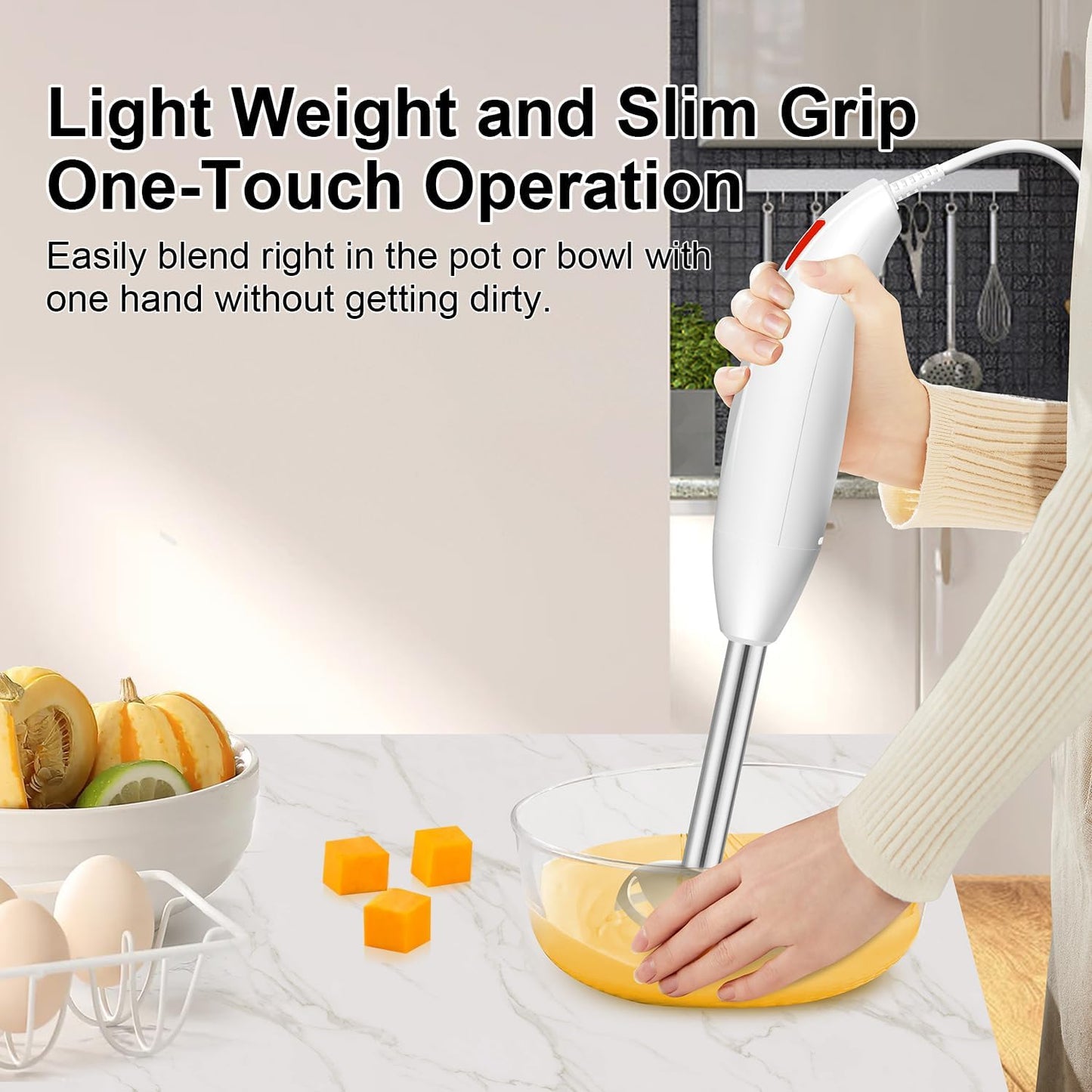 Immersion Blender 4 in 1, 16000rpm Speed, 400W Turbo Motor & Ergonomic Grip Hand Blender Set, Splash-Proof Stainless Steel Blades, for Soup, Baby Food, Smoothies, Sauce (Red+Ivory)