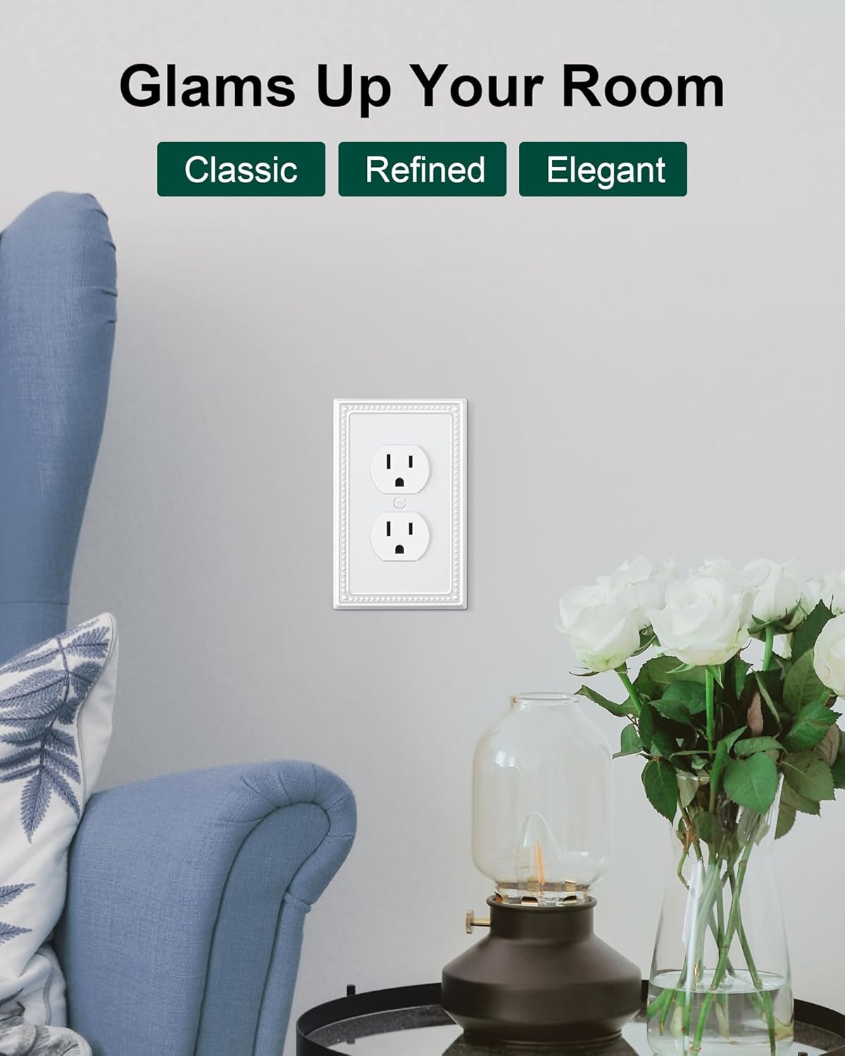6-Pack Duplex Outlet Cover Plate, Pure White Metal Wall Plates for Electrical Outlets, 1 Gang Receptacle Light Switch Cover, Pearls Decorative Switch Plates and Outlet Covers