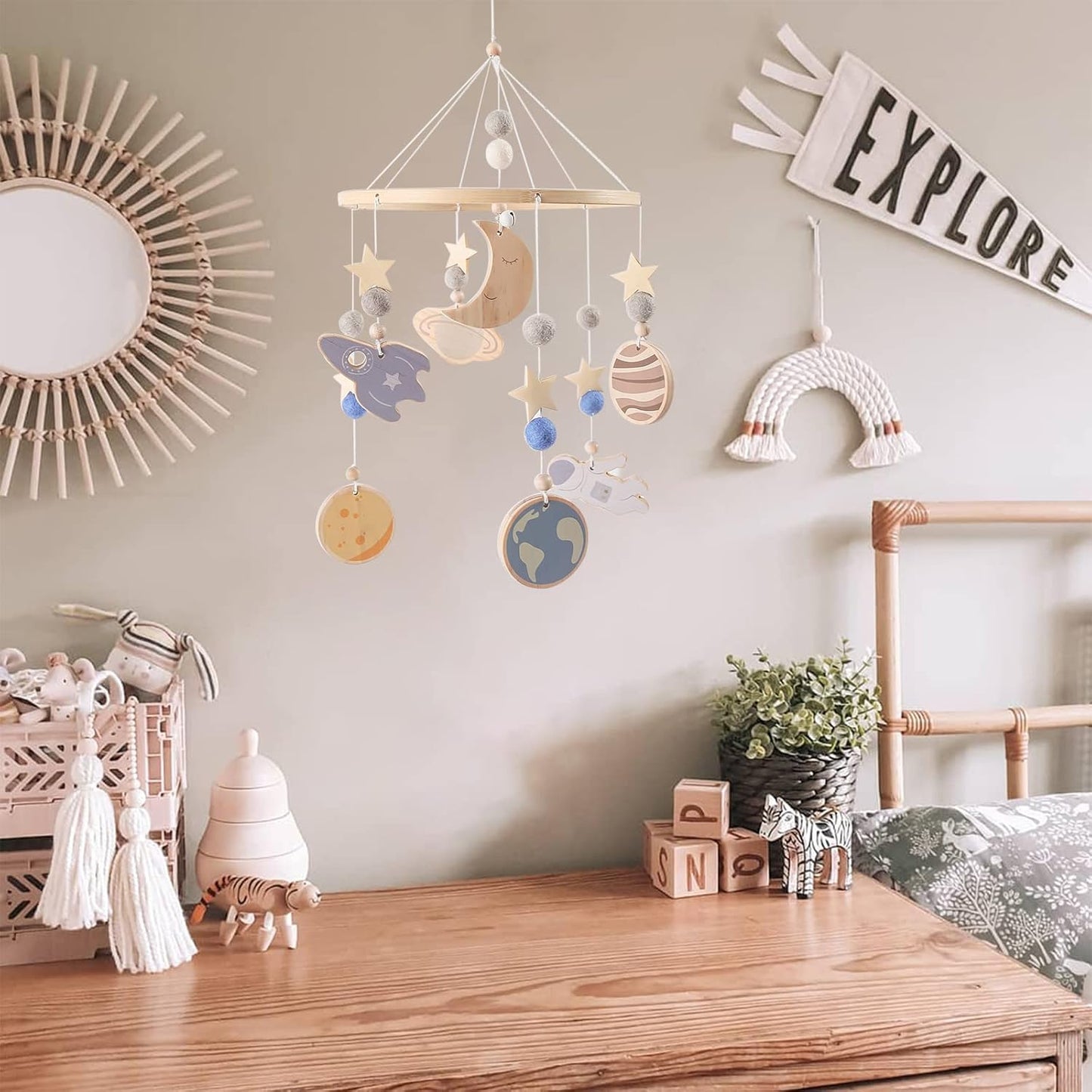Space Nursery Mobile - Wooden Baby Mobile - Solar System Crib Mobile Astronaut Space Theme Nursery Bed Decoration, Gift for Newborn (Blue)