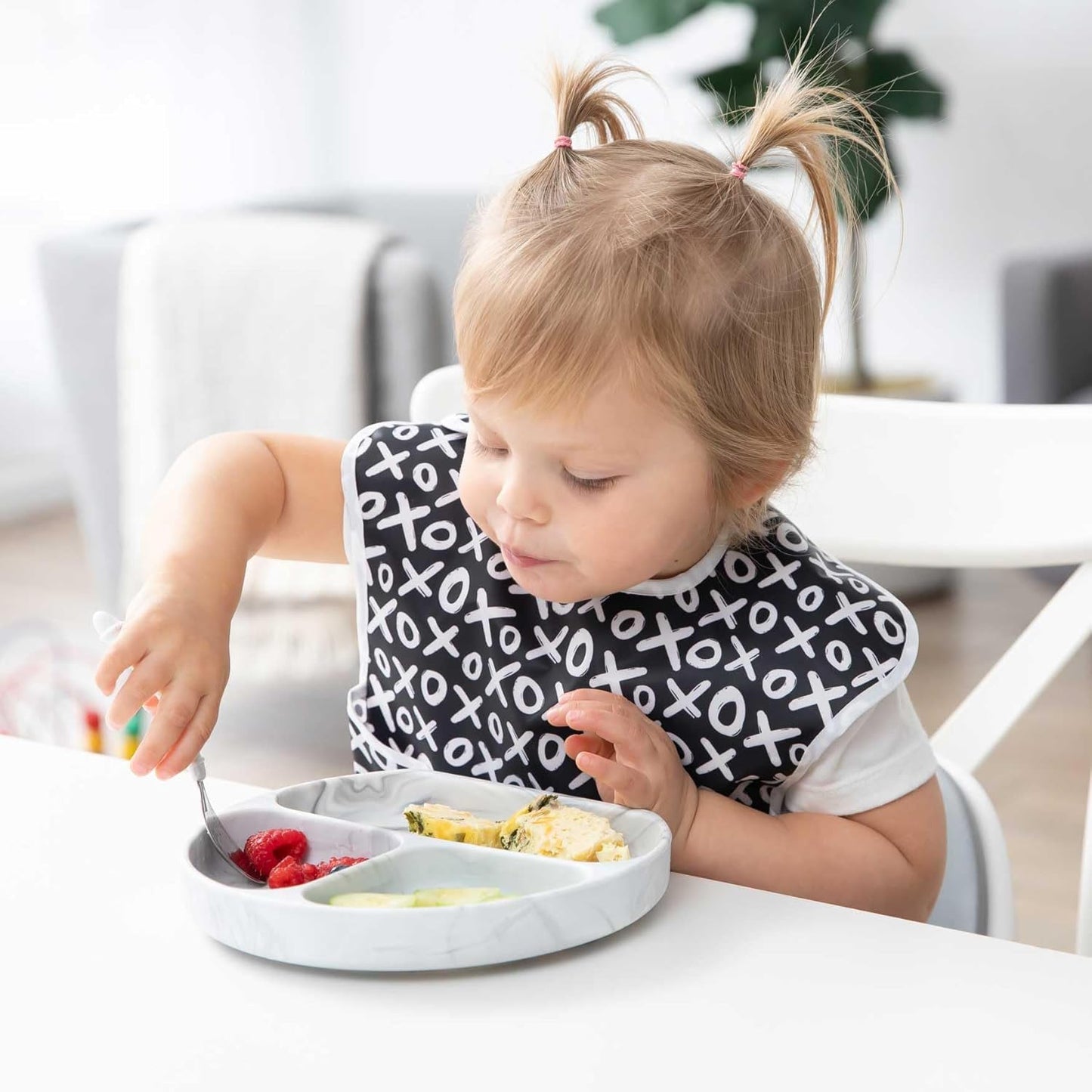 Bumkins Toddler Utensils, Kids Size Fork and Spoon Set, Silicone and Stainless-Steel Training Silverware, Angled Forks / Sporks for Self-Feeding, Children Hold Learning to Eat, 18 Months Up, Marble