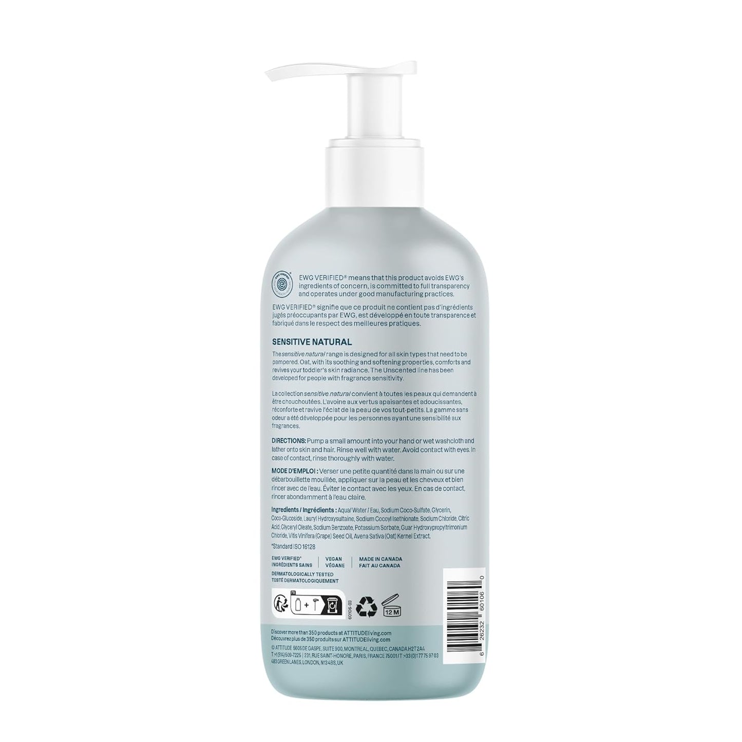 ATTITUDE 2-in-1 Shampoo and Body Wash for Baby, EWG Verified, Plant- and Mineral-Based Ingredients, Vegan Products for Sensitive Skin, Unscented, 16 Fl Oz (Pack of 3)