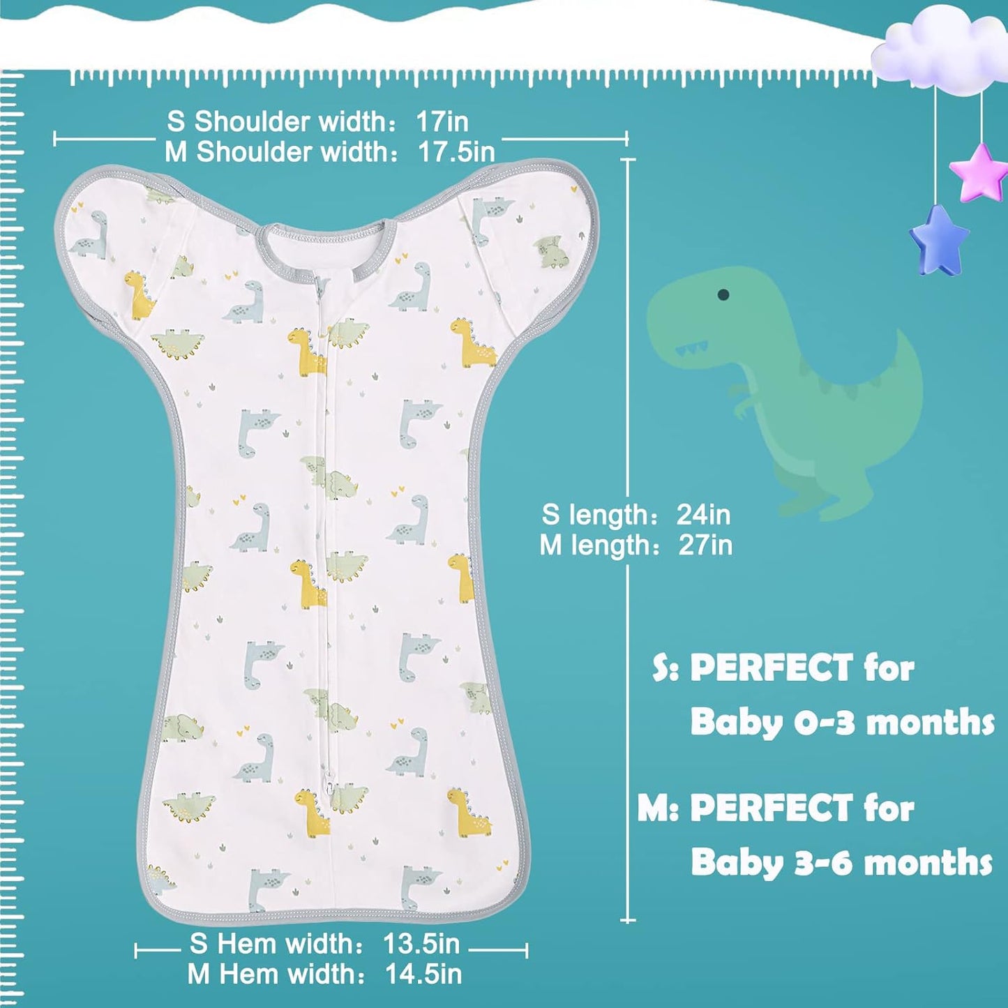 2 Pack Transition Swaddle with 2 Way Zipper, 2 in 1 Arms in/Out Transitional Arms Up Swaddle, 100% Cotton Newborn Swaddles Zipper Swaddles Baby Swaddling Sack Sleeping Sack 3-6 Months, Dinosaur & Bear