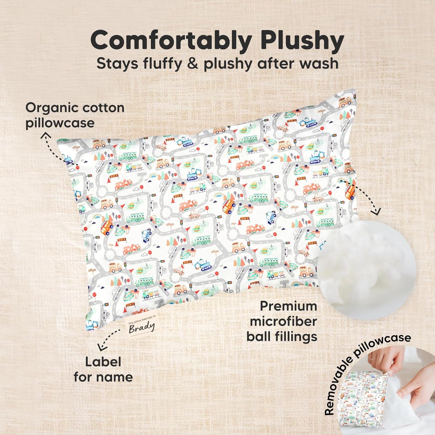 Mini Toddler Pillow with Pillowcase - 9x13 My Little Dreamy Travel Kids Pillow for Sleeping, Toddler Bed, Small, Tiny, Organic Cotton Pillowcase, Soft & Breathable, Kids 2-4 Years Old (Roadway)