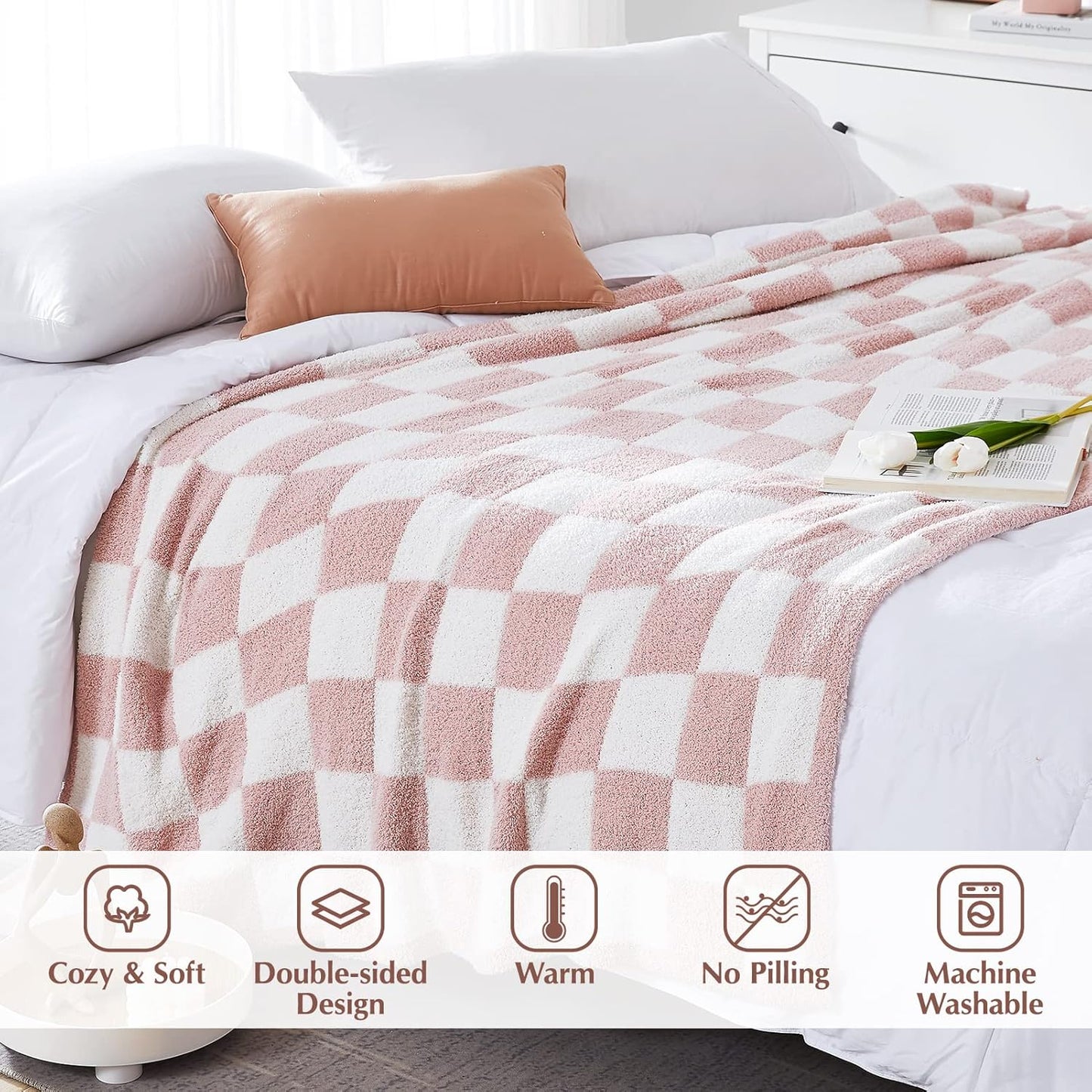 WRENSONGE Checkered Throw Blanket, Pink Soft Cozy Fluffy Warm Hand Made Throw Blankets for Couch, Sofa, Chair, Bed, Camping, Picnic, Travel Lightweight Bed Blankets for Women Mothers Birthday Gifts