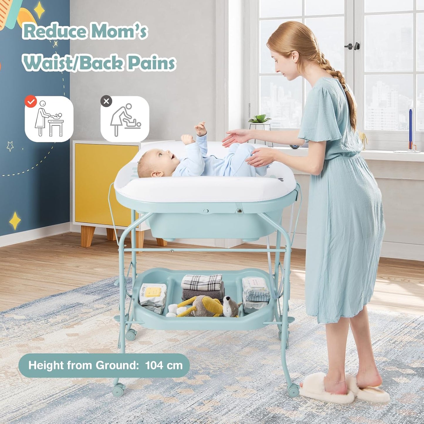 HONEY JOY Baby Changing Table with Bathtub, Foldable Infant Diaper Changing Station with Wheels, Storage Tray, Waterproof Pad, Portable Newborn Nursery Organizer Bath Stand for Boys Girls (Blue)