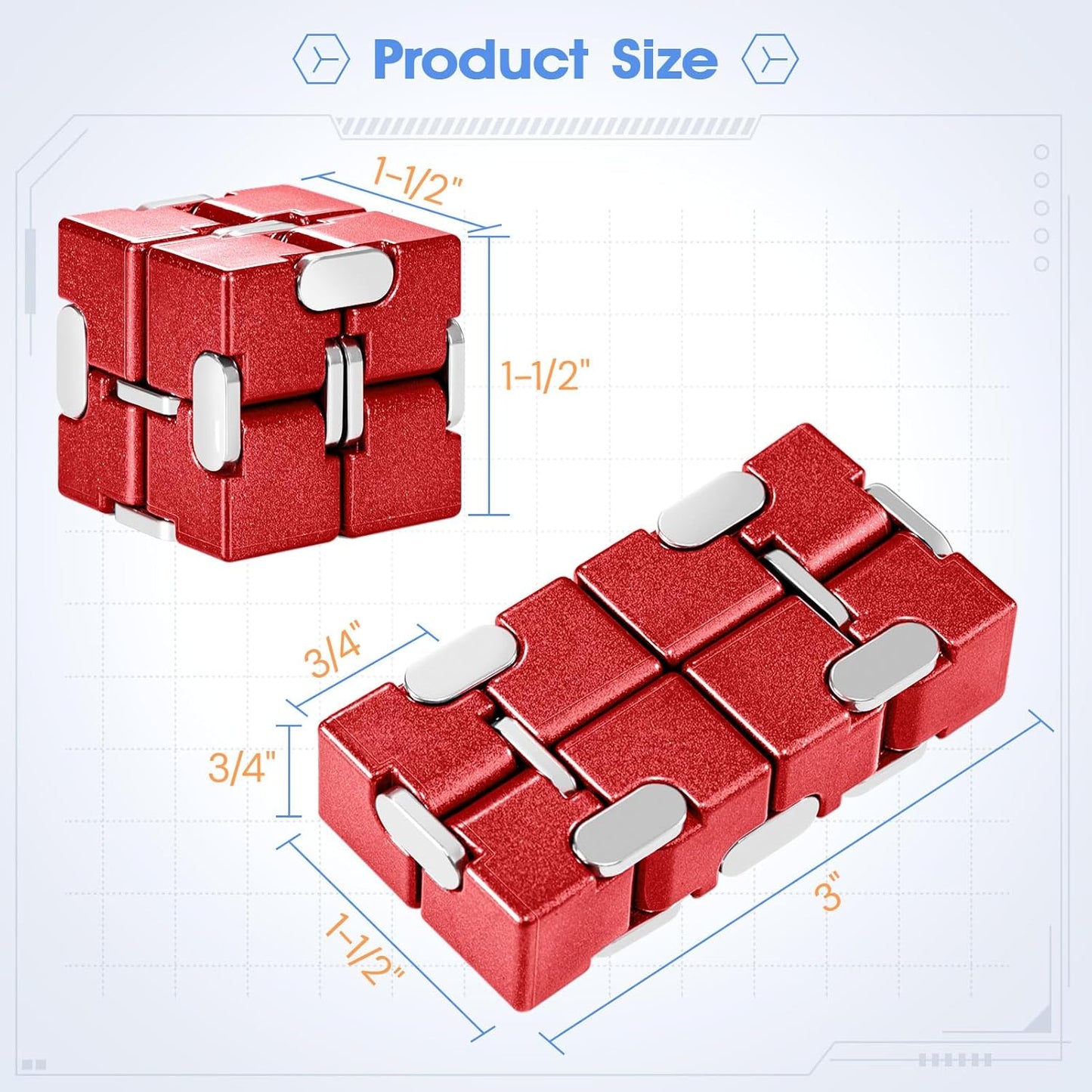 Fidget Cube, Zinc Aolly Metal Infinity Cube Fidget Desk Toy, Punk Style Design with Exquisite Case, Durable and Heavy Cool Gadgets, Adult Fidget Toys for Alleviate Stress and Anxiety(Red)