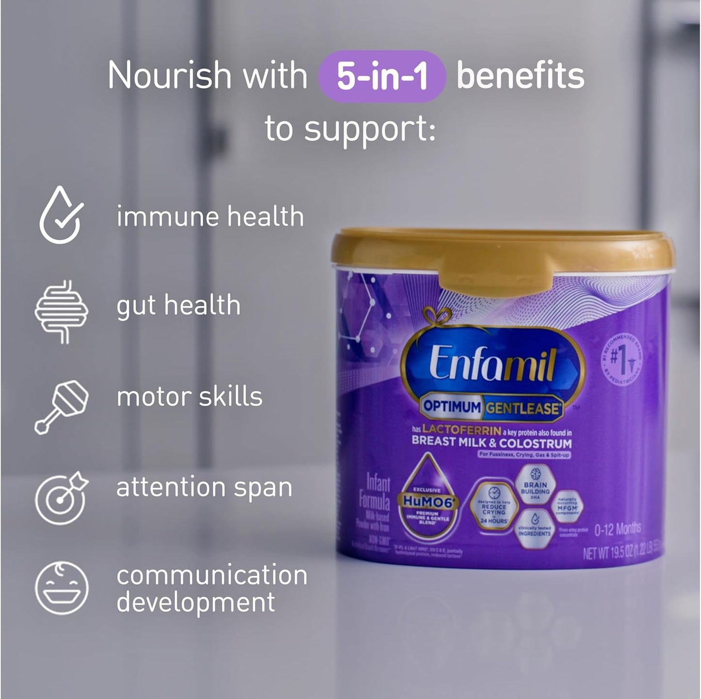 Enfamil Optimum Gentlease Baby Formula, Our Closest Formula to Breast Milk For Fussiness, Crying, Gas & Spit-up, Immune-Supporting Lactoferrin also found in Breast Milk, 19.5 Oz, Pack of 4