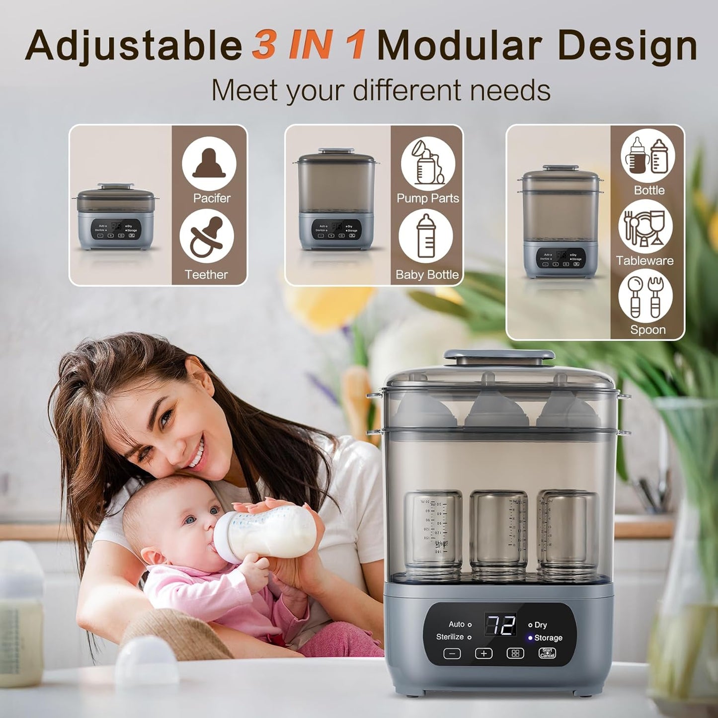 4-in-1 Baby Bottle Steamer and Dryer, Electric Steamer with Fast Drying, Universal Fit for All Bottles, LED Touch Screen & Auto Shut-Off Protection (Grey)