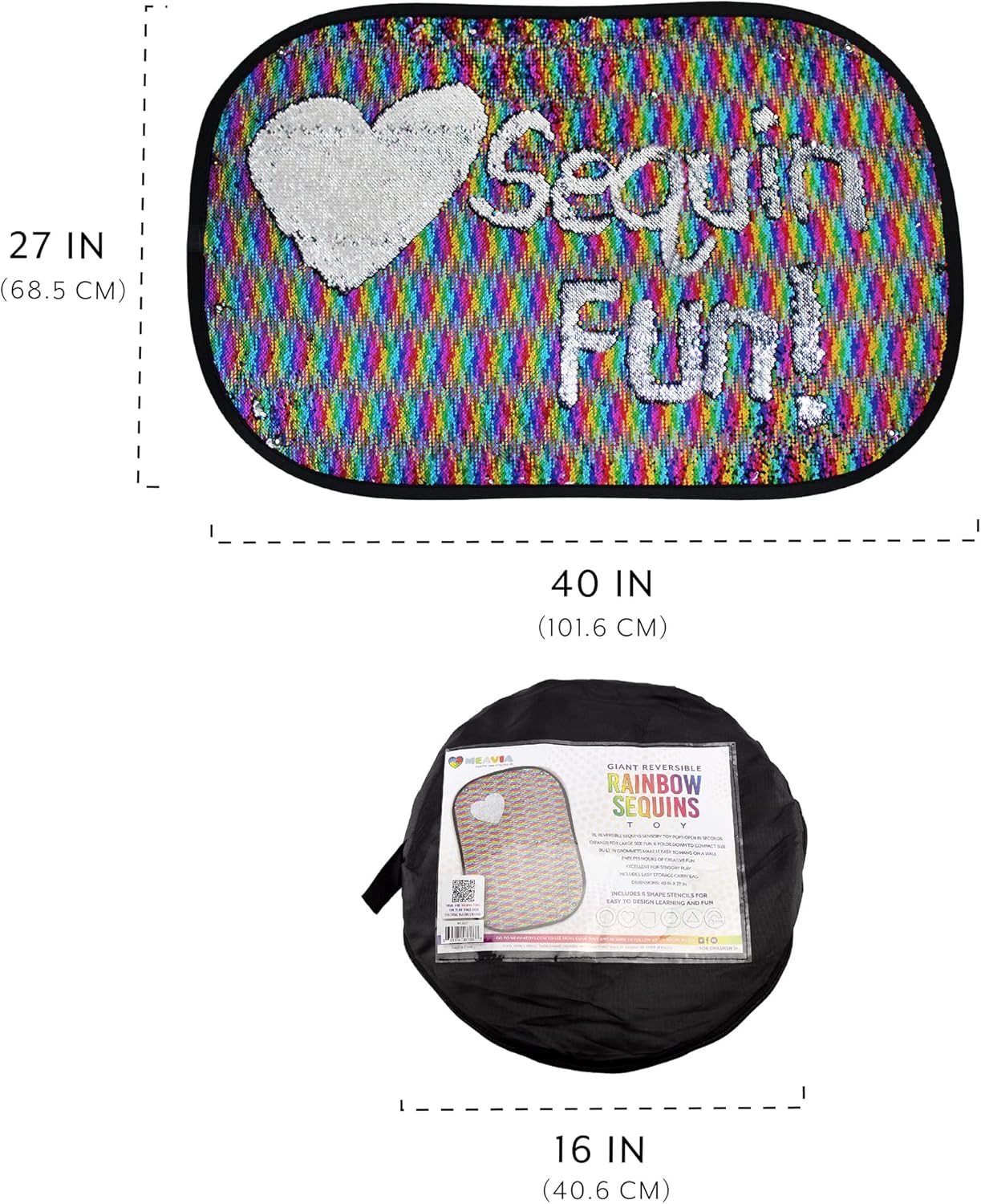 Reversible Sequins Wall Sensory Fun Toy W/ Shape Stencils & Travel Case, Jumbo Size 40 x 27 Inches