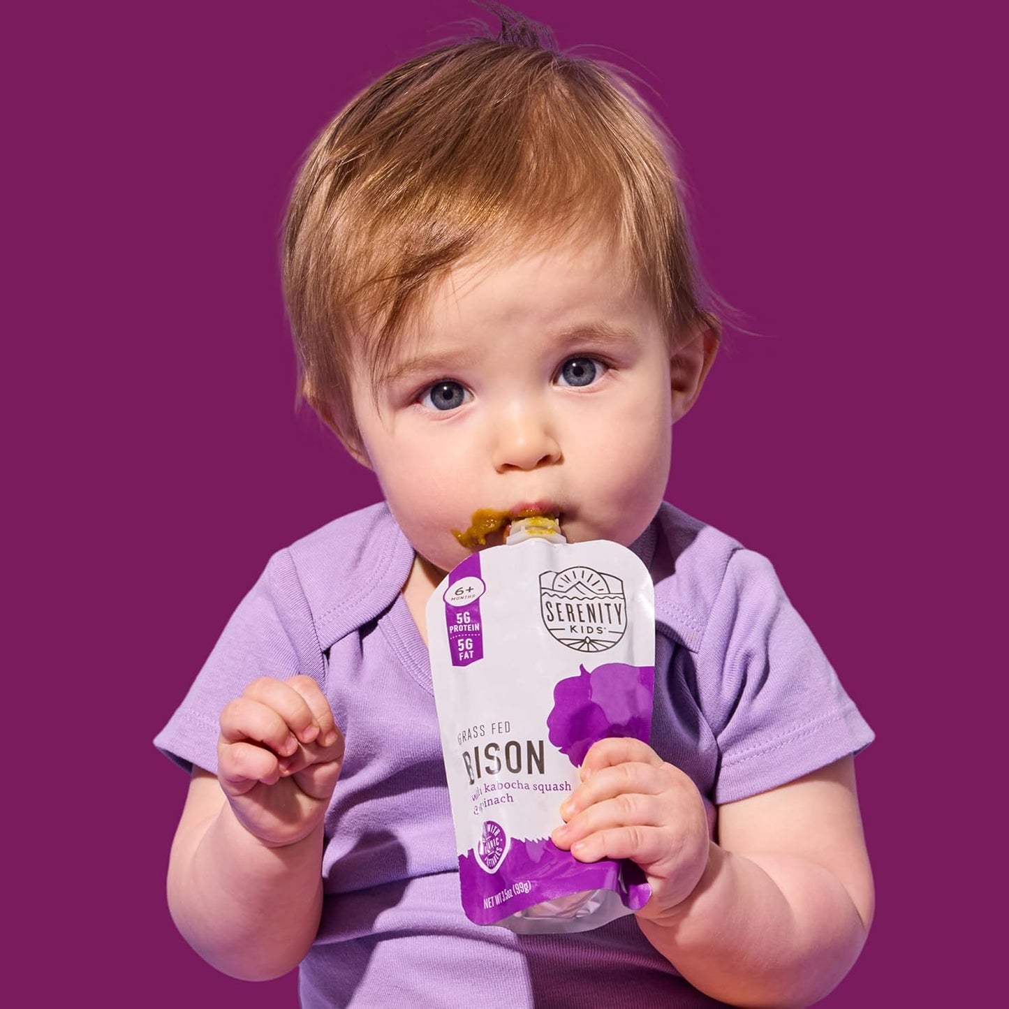 Serenity Kids 6+ Months Baby Food Pouches - Ethically Sourced Grass-Fed Bison & Organic Kabocha Squash & Spinach Puree - BPA-Free Baby Puree Pouches - 3.5 Oz, 6 Pack