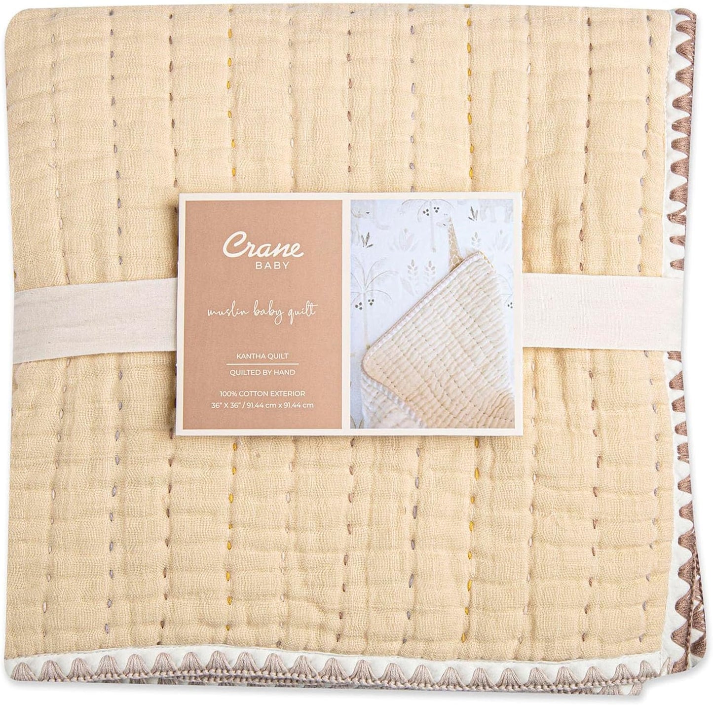 Crane Baby Blanket Quilted Cotton 36” X 36” Light Yellow Nursery Essential for Boys and Girls Yellow Baby