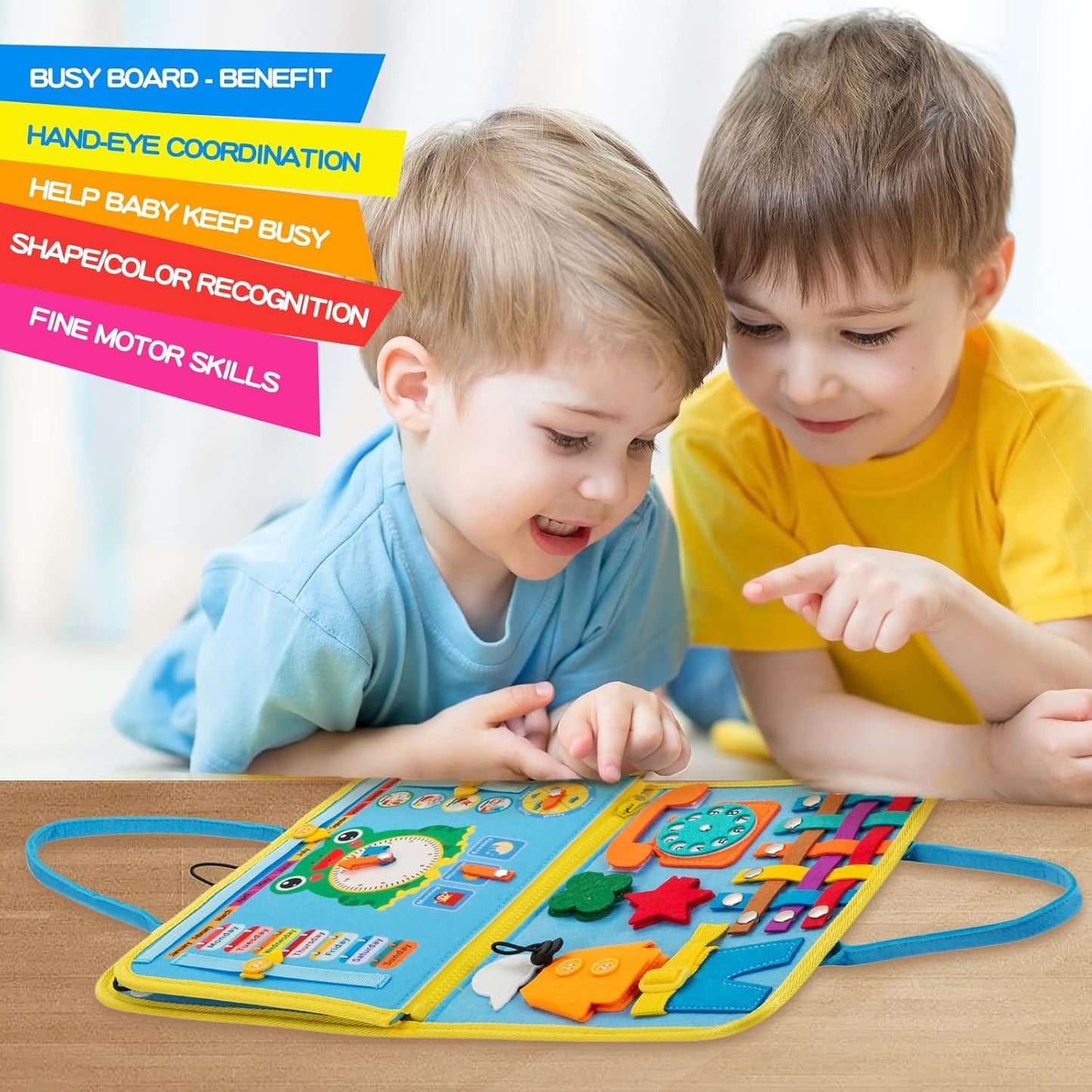 MORNOR Busy Board for Toddlers 1-4, Sensory Activity Board for Learning, Travel Toys, Montessori Toys for Fine Motor Skills, Gift for Boys & Girls (Blue)