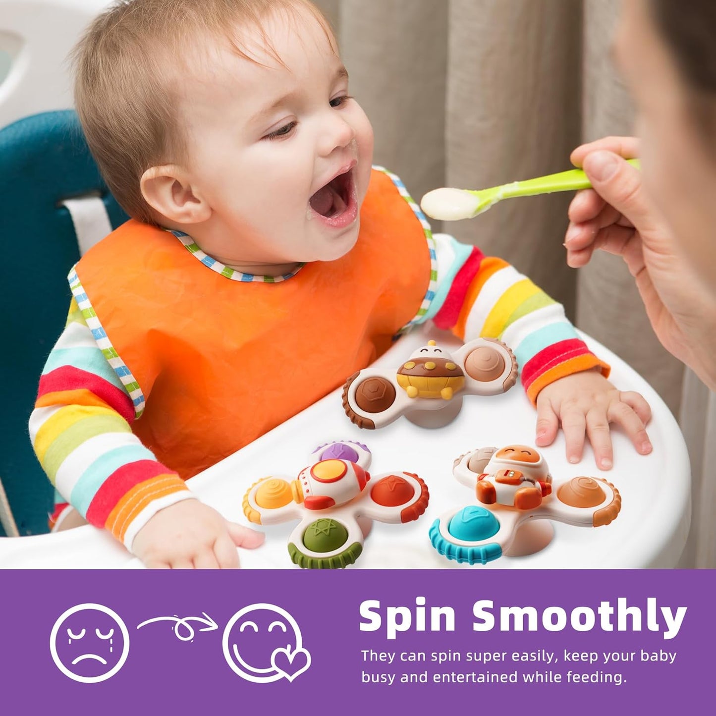 LiKee Strong Suction Cup Fidget Rotating Sensory Bath Toys for Baby 12 18 Months Airplane Car Travel Table & Window Toys for 1 2 Years Old Toddler Boys and Girls (Space-2)